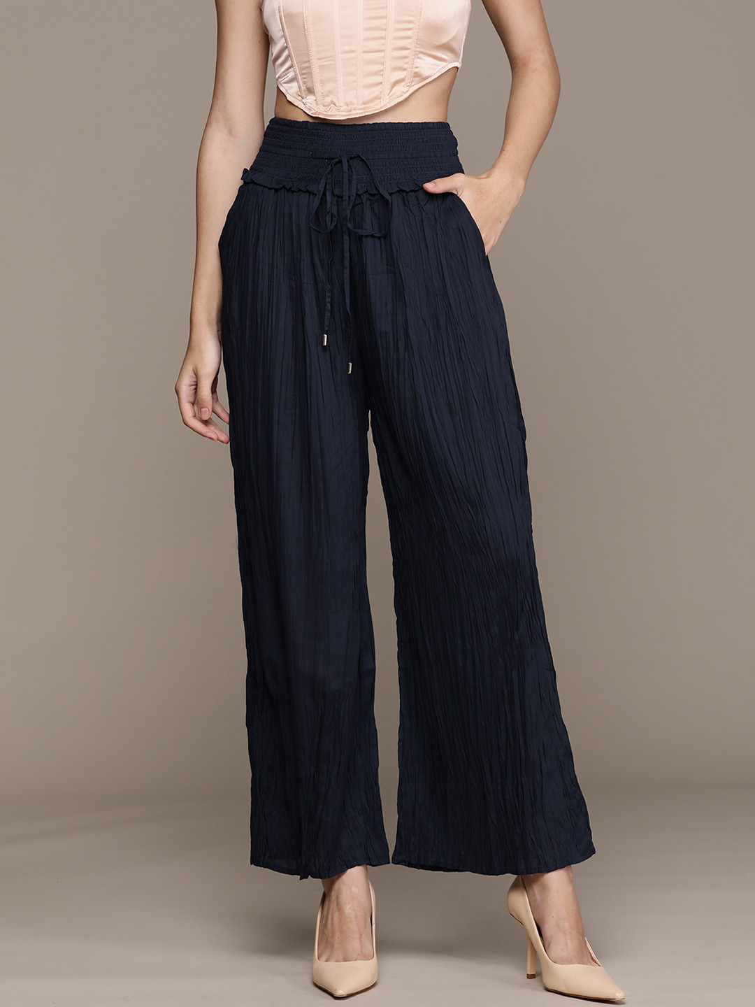 Label Ritu Kumar Women Navy Blue Loose Fit Trousers