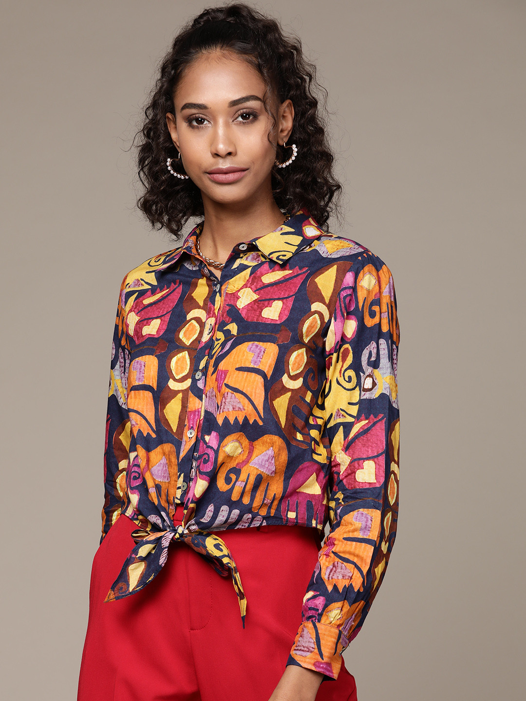 Label Ritu Kumar Women Navy Blue Conversational Print Pure Cotton Shirt with Tie-Ups