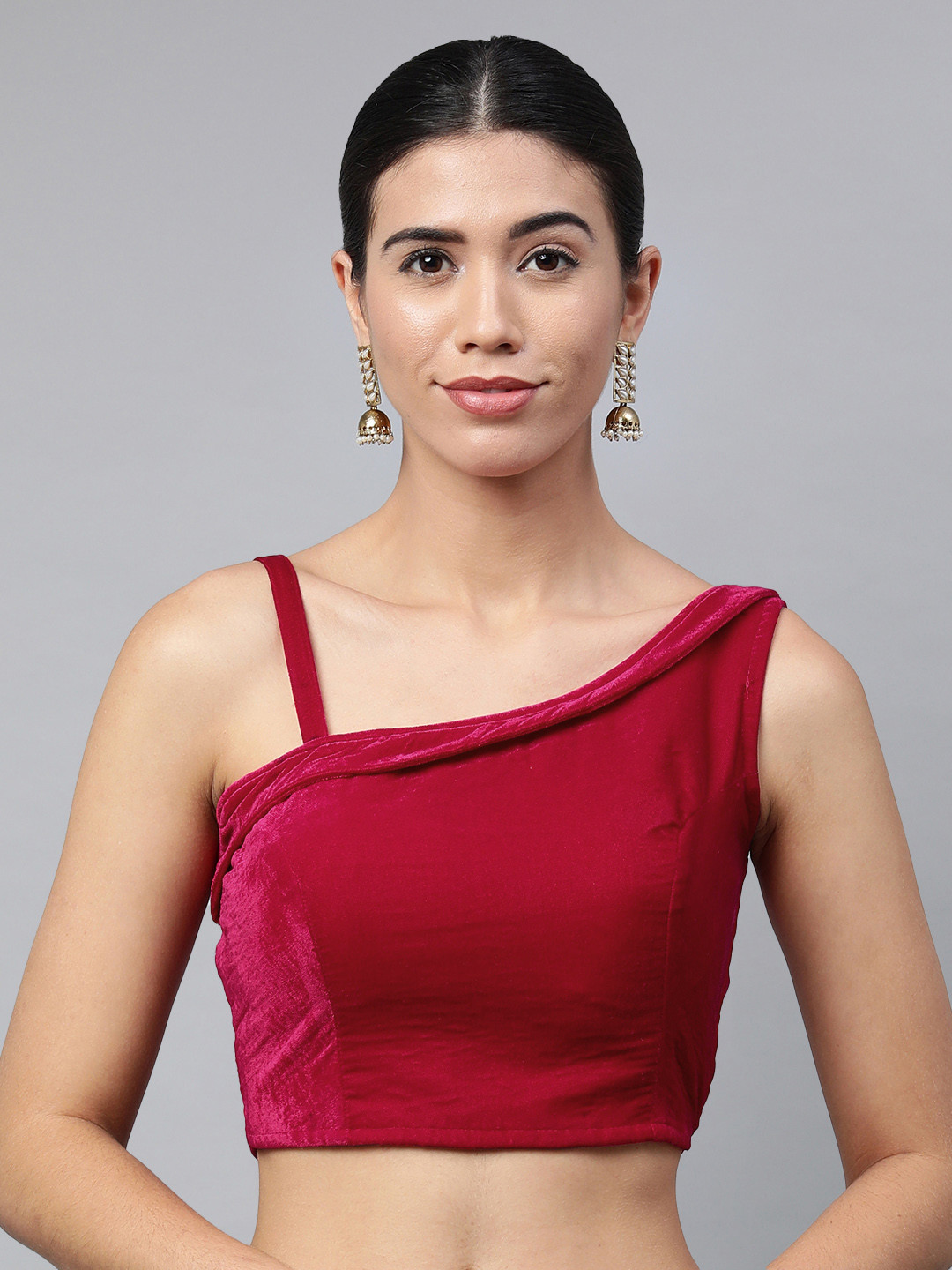 flaher Pink Solid Velvet Ready Made Padded Blouse