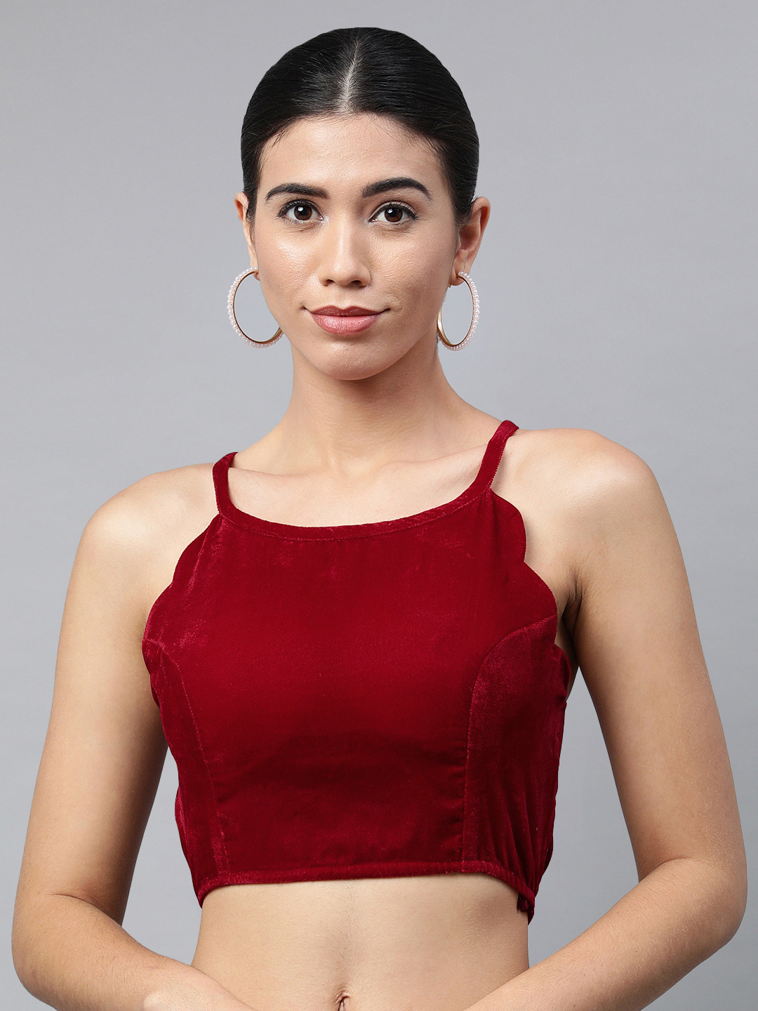 flaher Red Solid Velvet Styled Back Ready Made Padded Blouse