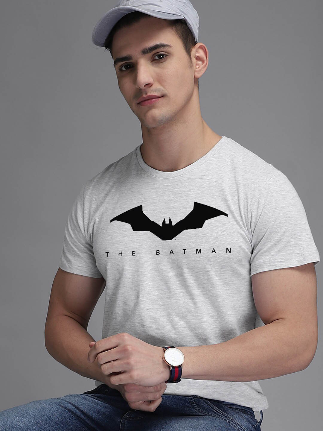 Free Authority Men Grey Batman Printed Regular Fit T-shirt