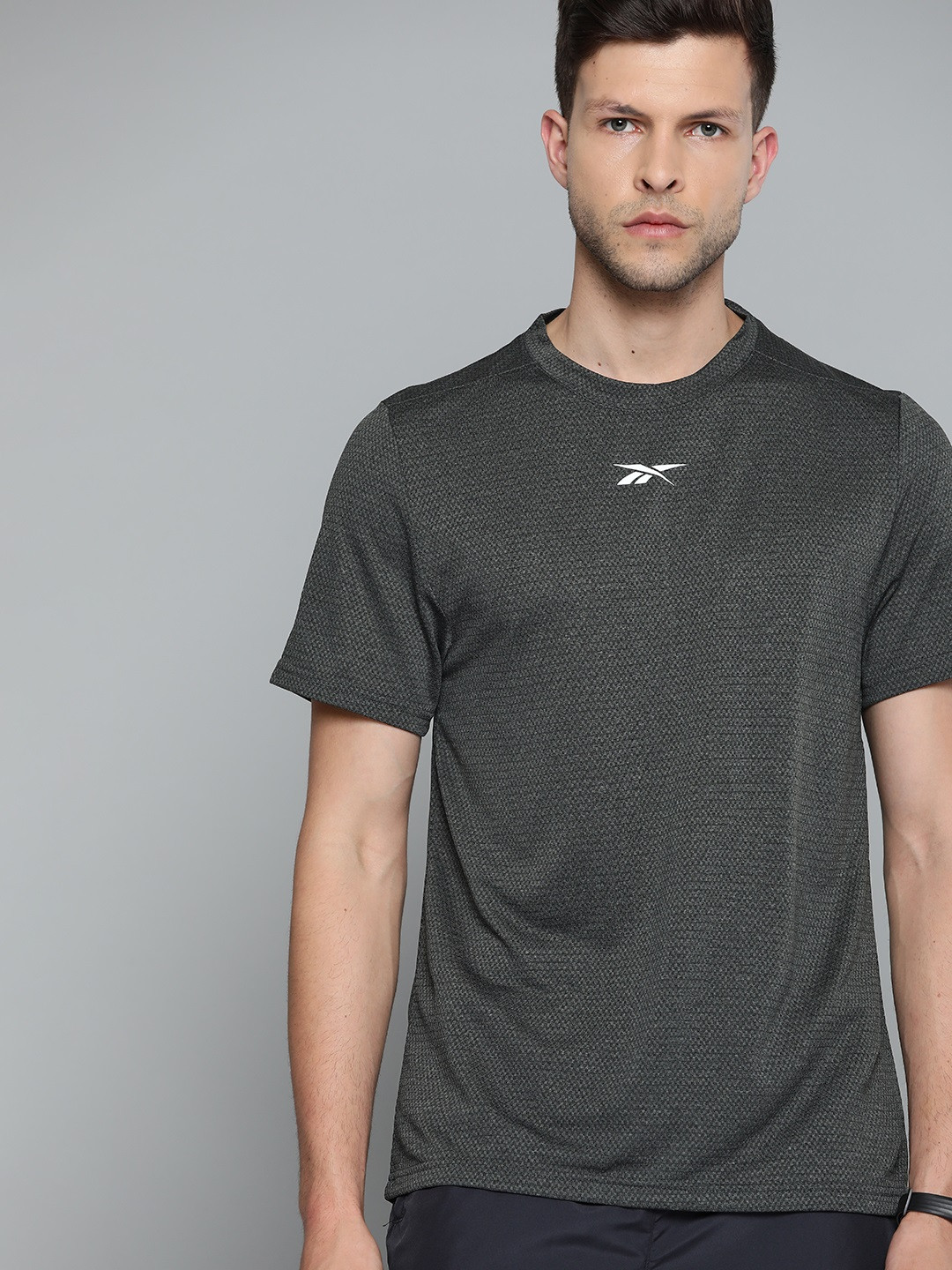 Reebok Men Charcoal Black Self Design Brand Logo Detail Monochrome Training T-shirt