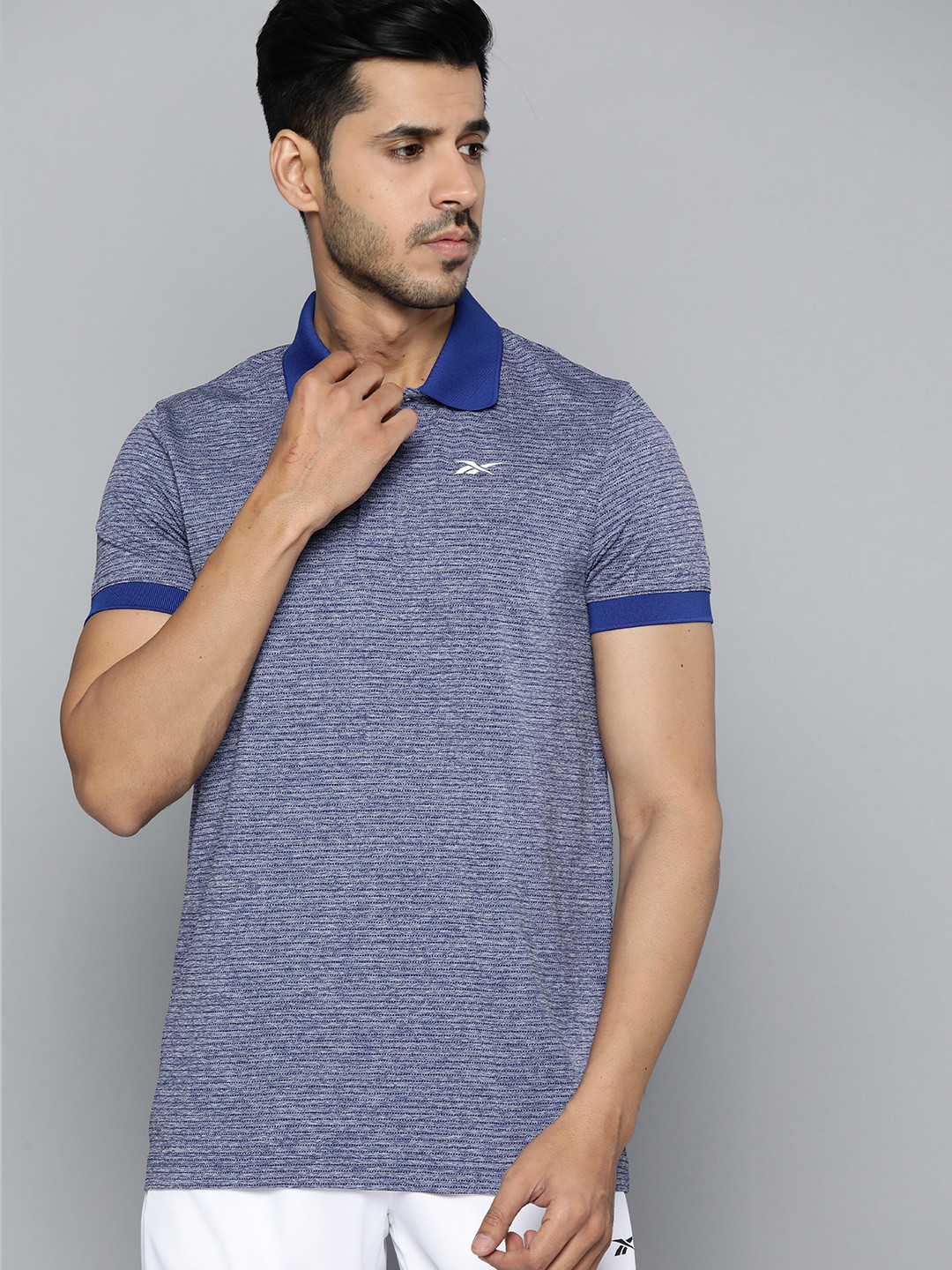 Reebok Men Blue & Black Striped Polo Collar Speedwick Technology Training or Gym T-shirt