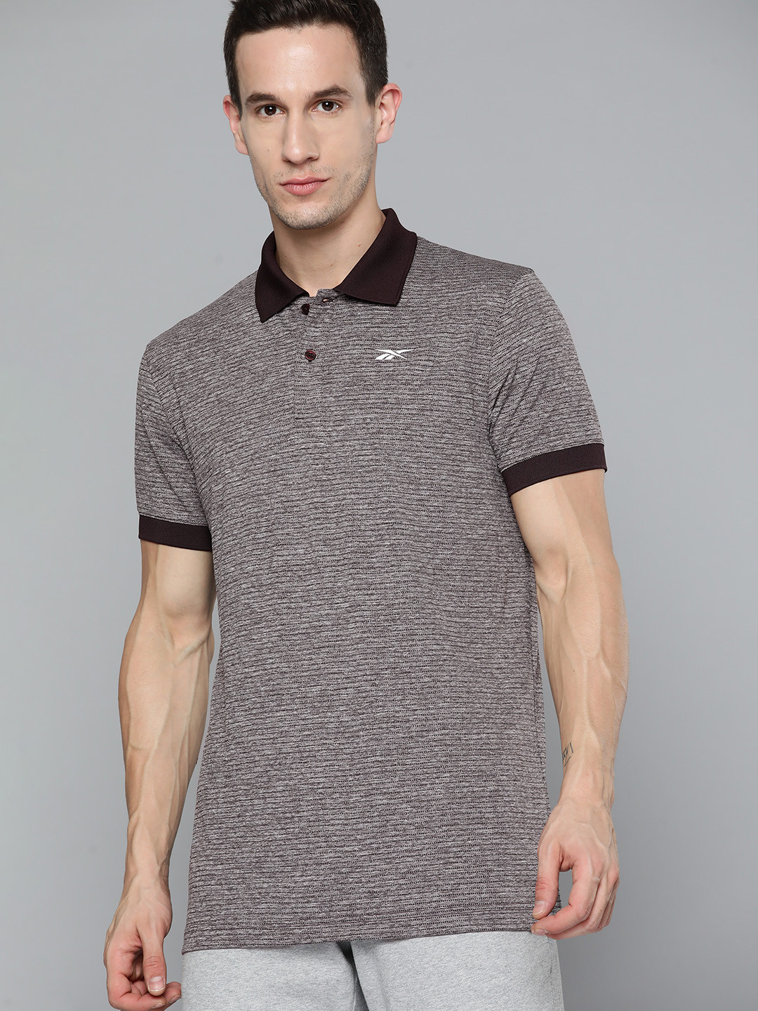 Reebok Men Grey Melange & Black ESS M Striped Speedwick Training Polo Collar T-shirt