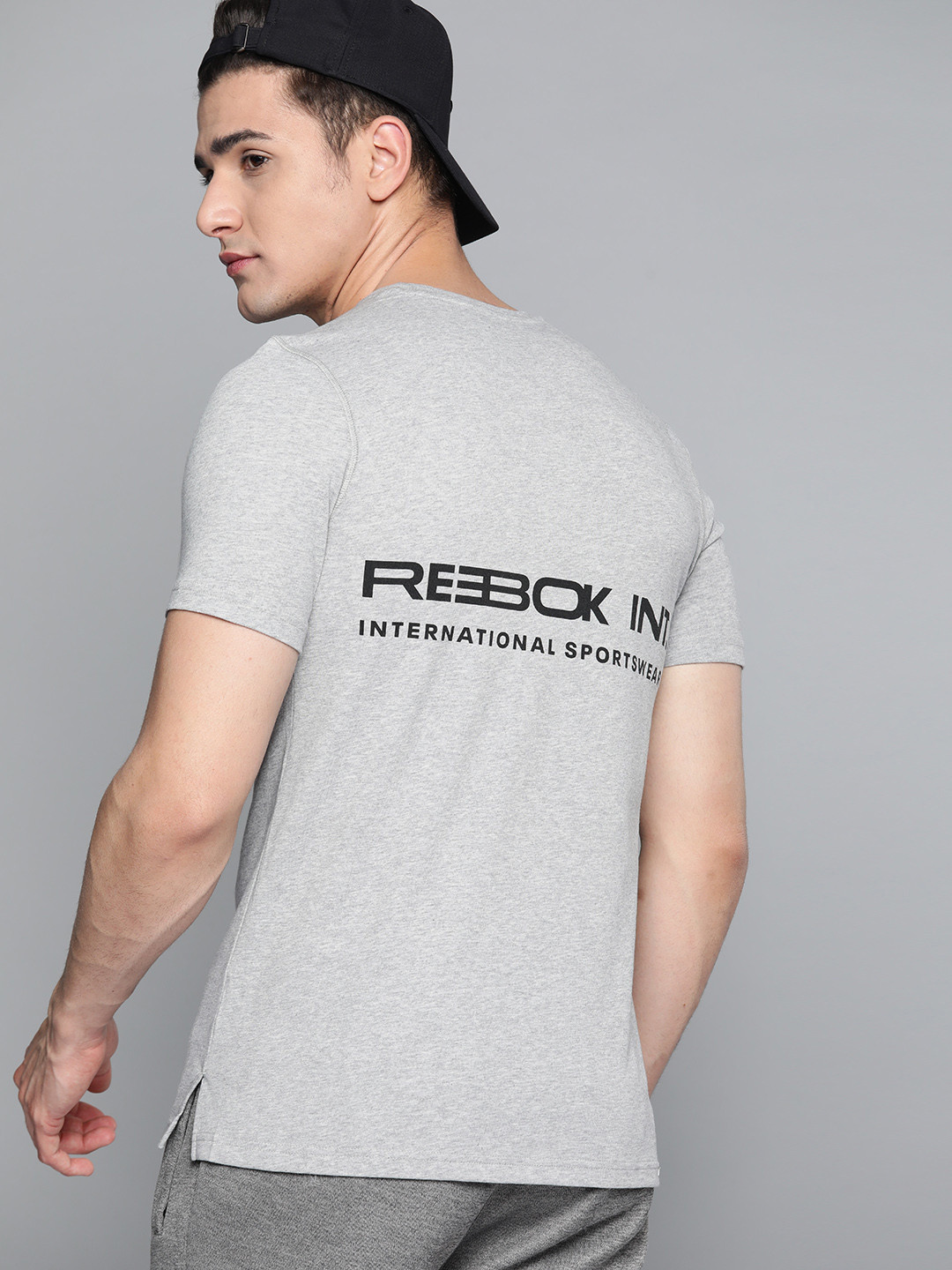Reebok Men Grey & Black Typography Printed  REECYCLED + SPEEDWICK Training or Gym T-shirt