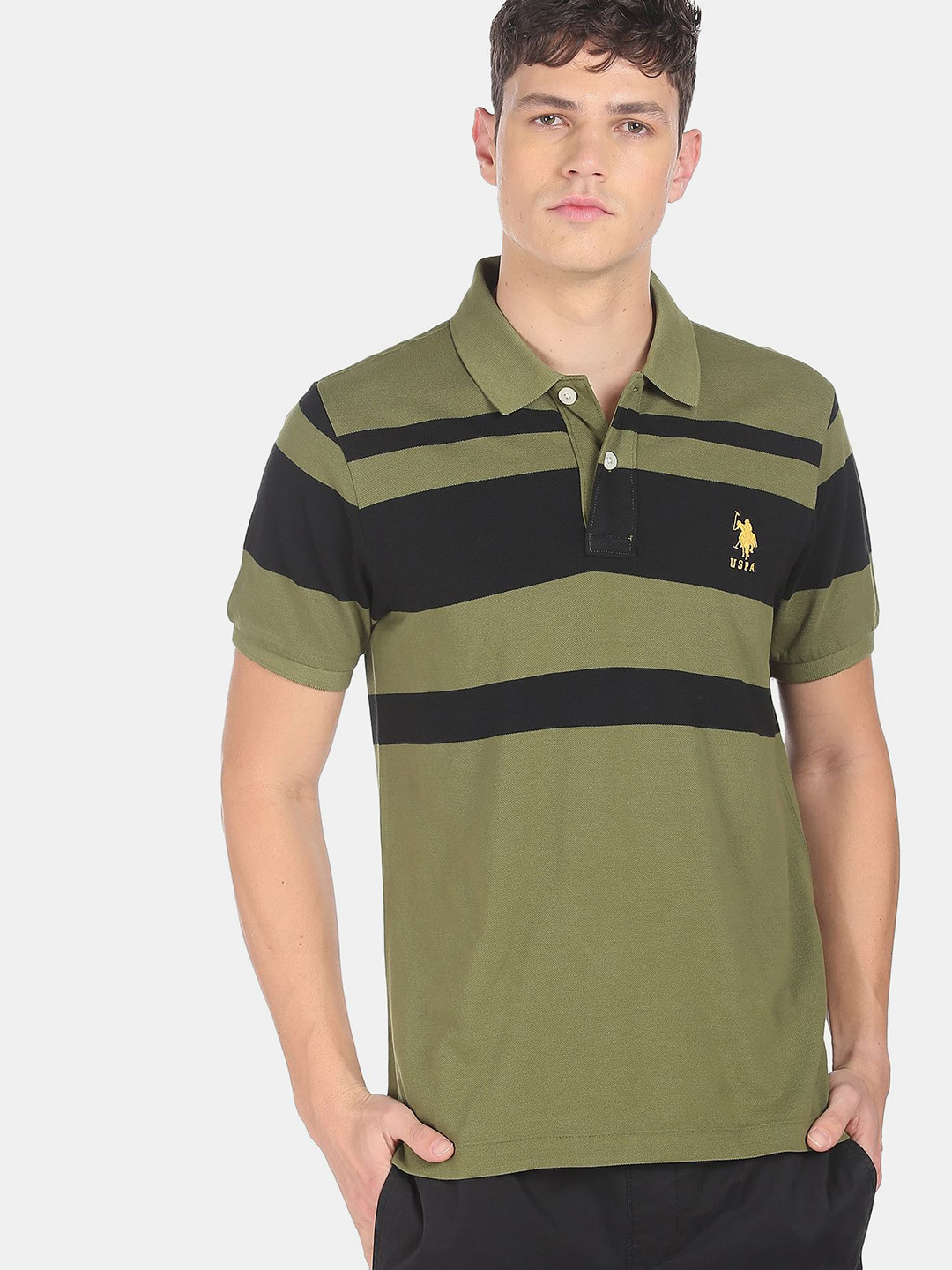U.S. Polo Assn. Men Olive Green & Black Striped Polo Collar T-shirt