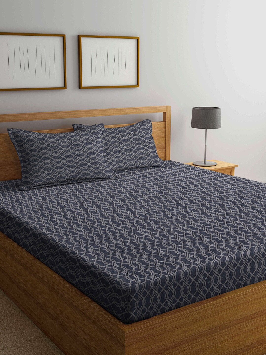 Arrabi Black Geometric Cotton 300 TC King Fine Bedsheet with 2 Pillow Covers-198 x 182 cm