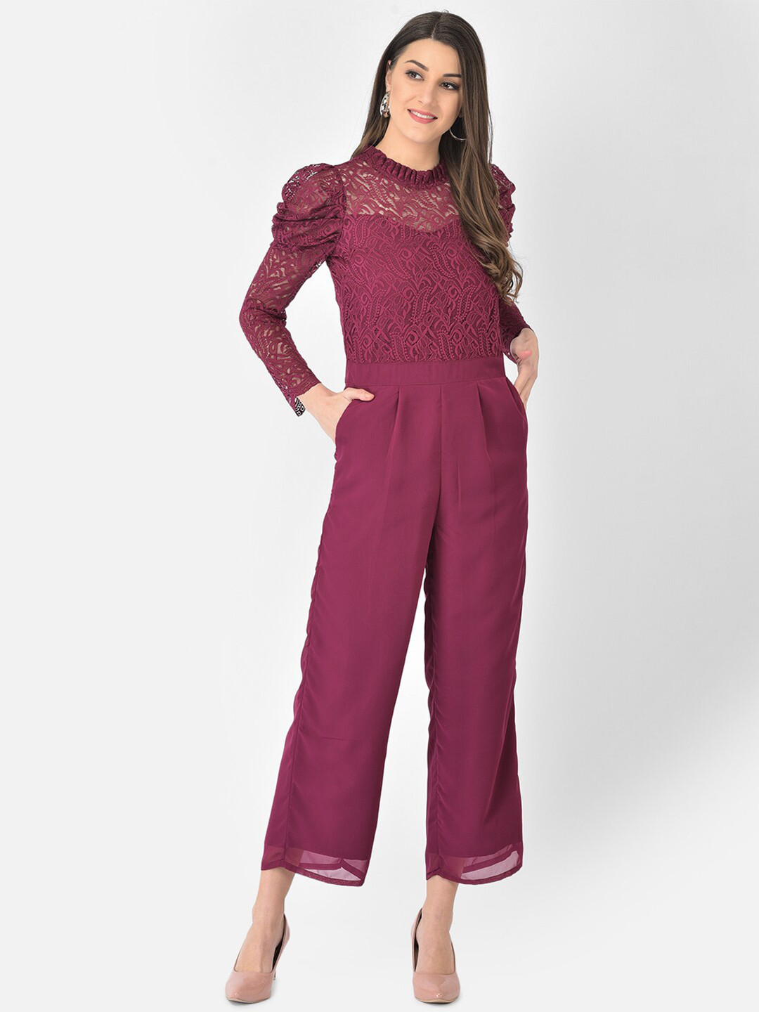 Eavan Burgundy Basic Jumpsuit with Lace Inserts