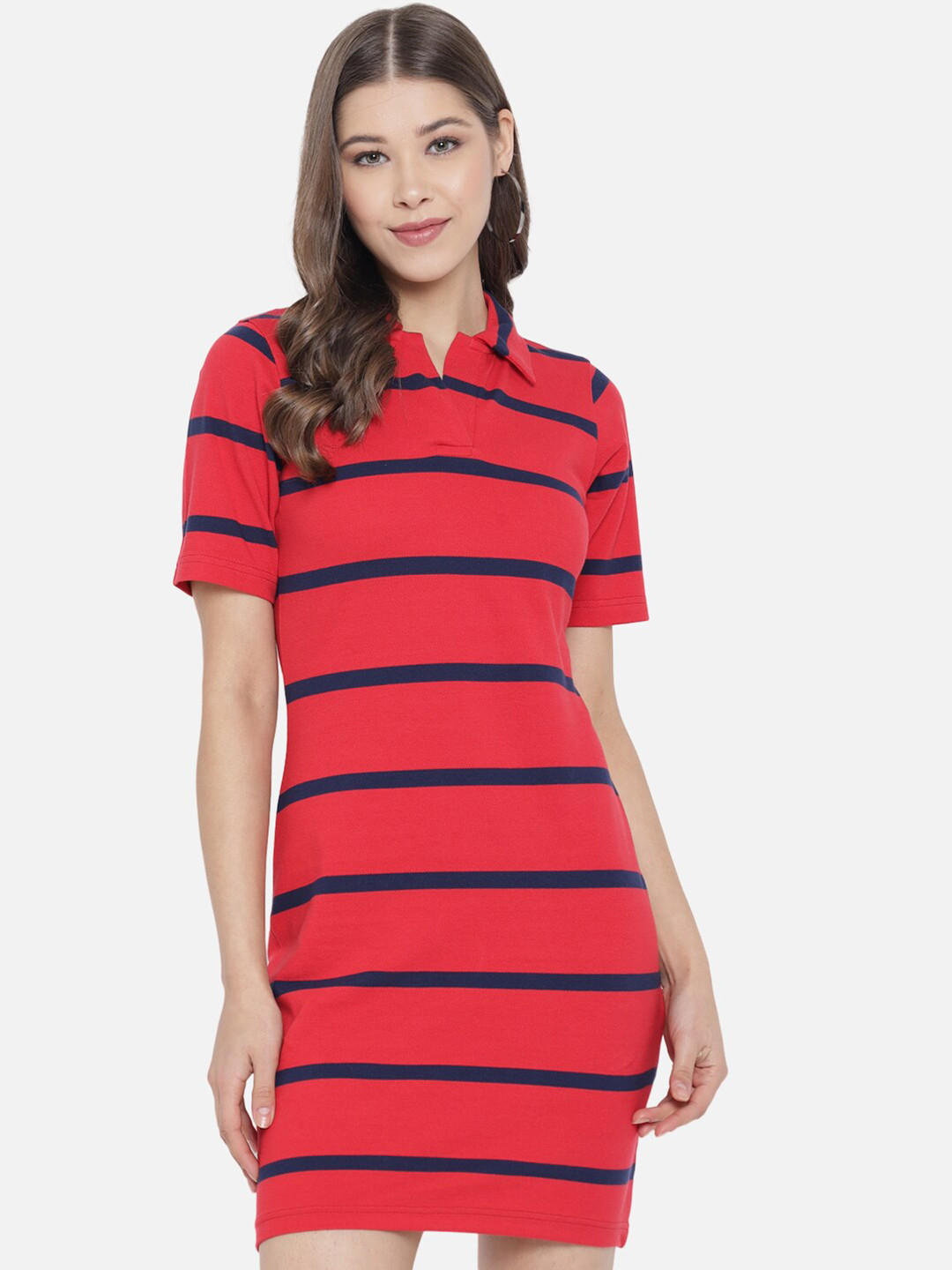 Trend Arrest Women Red & Navy Blue Striped Cotton Knee Length T-shirt Dress