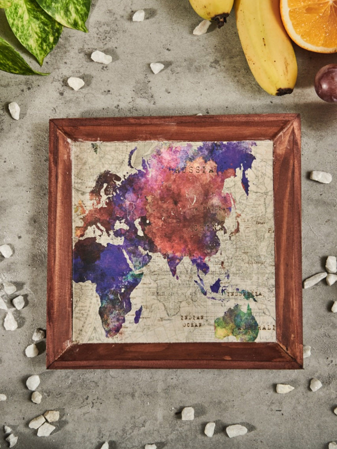 A Tiny Mistake Brown & Blue Printed Atlas Small Square Wooden Serving Tray