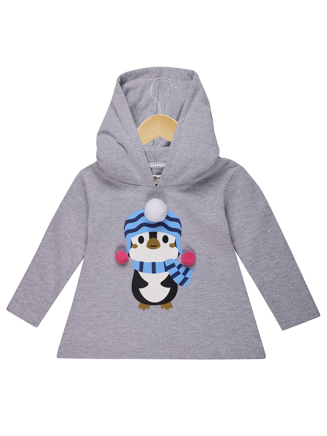 The Mom Store Girls Grey Cotton Printed Hooded Sweater Dress