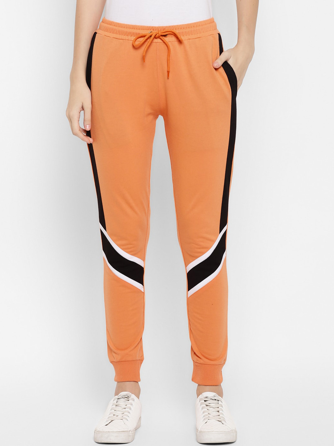 Alan Jones Women Orange & Black Colourblocked Slim-Fit Joggers
