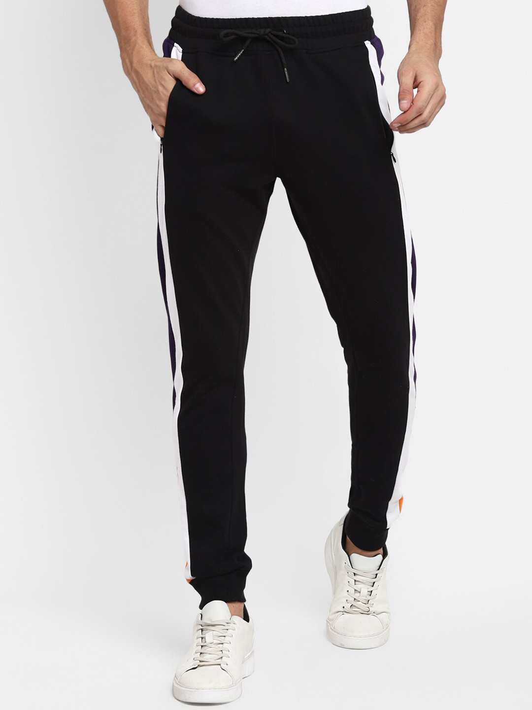 Alan Jones Men Black & White Colourblocked Slim-Fit Joggers