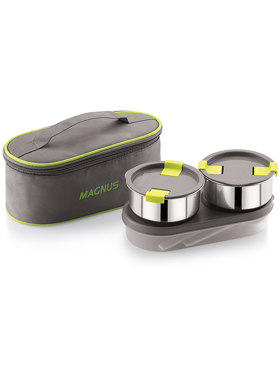 MAGNUS Grey Conversational Stainless Steel Dishwasher Safe 3PCs Lunch Box With Bag