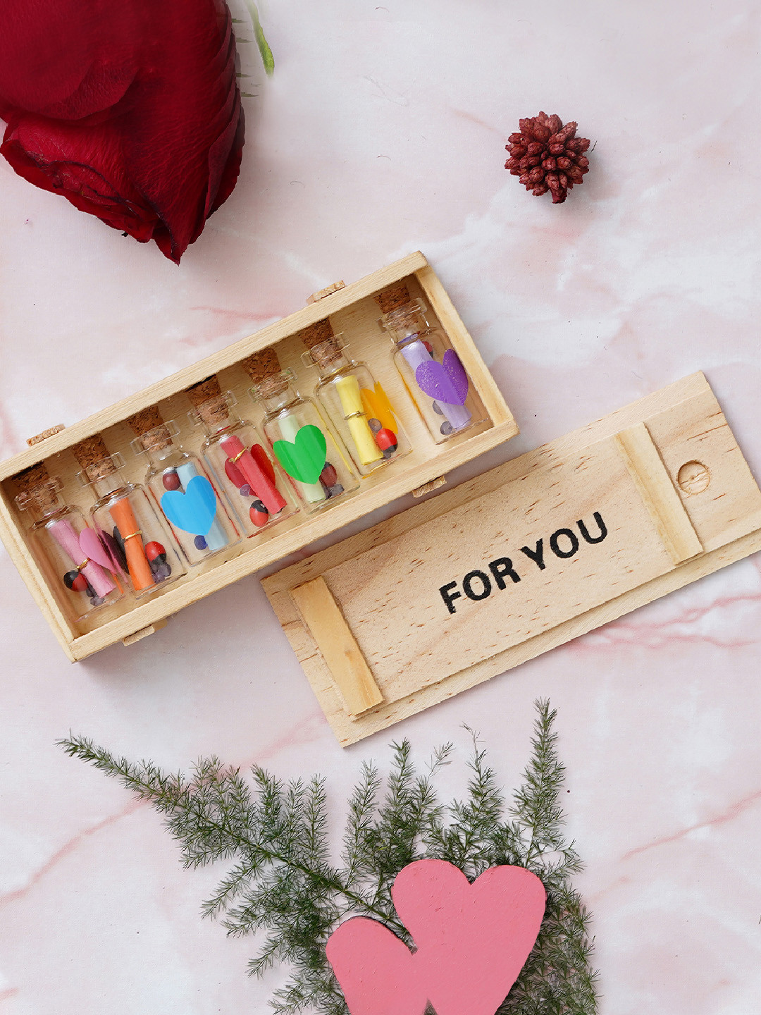 Brown Wooden For You Box with 7 Message Bottles Couple Gift Set