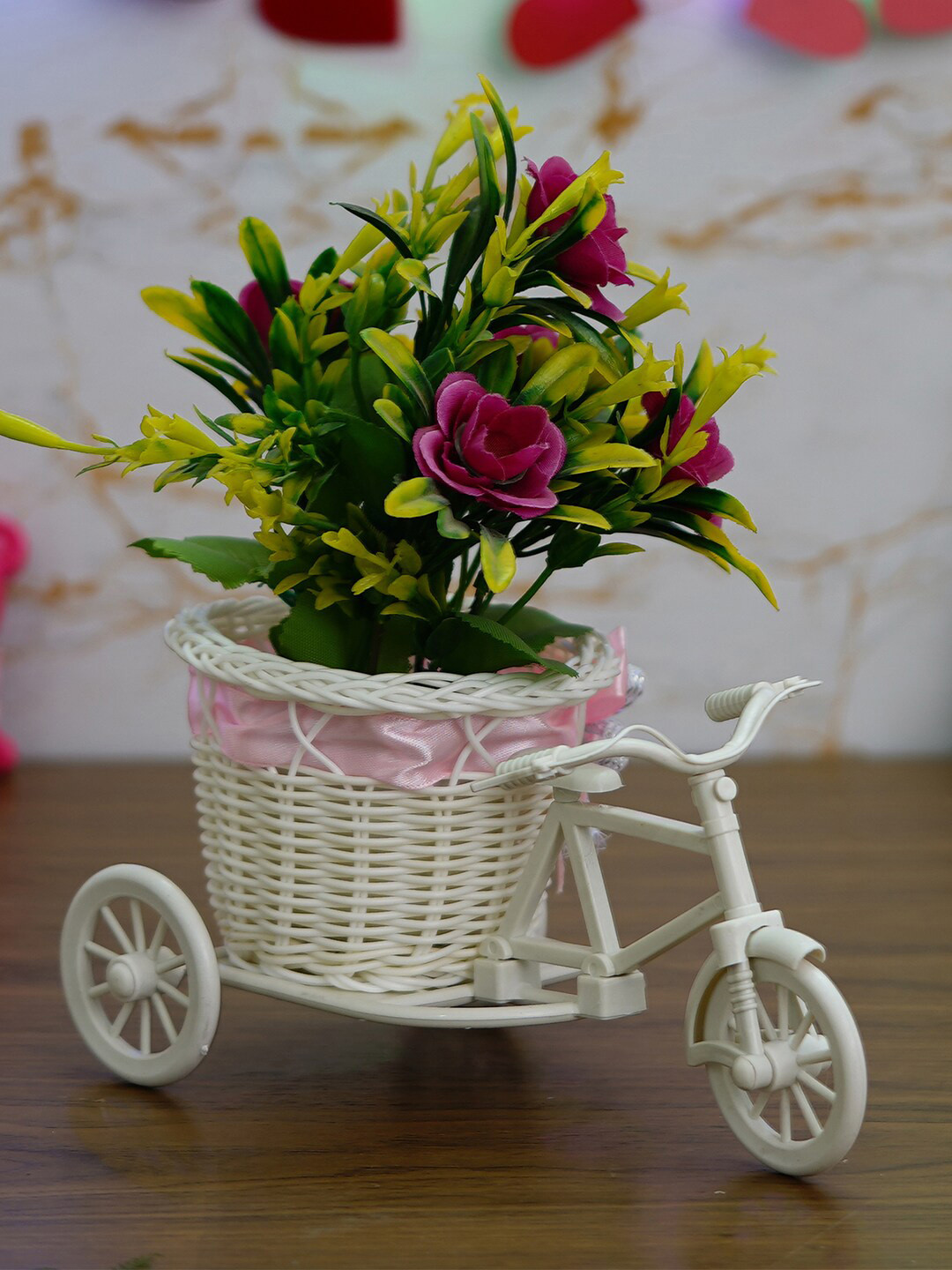 eCraftIndia White & Pink Cycle Basket Showpiece