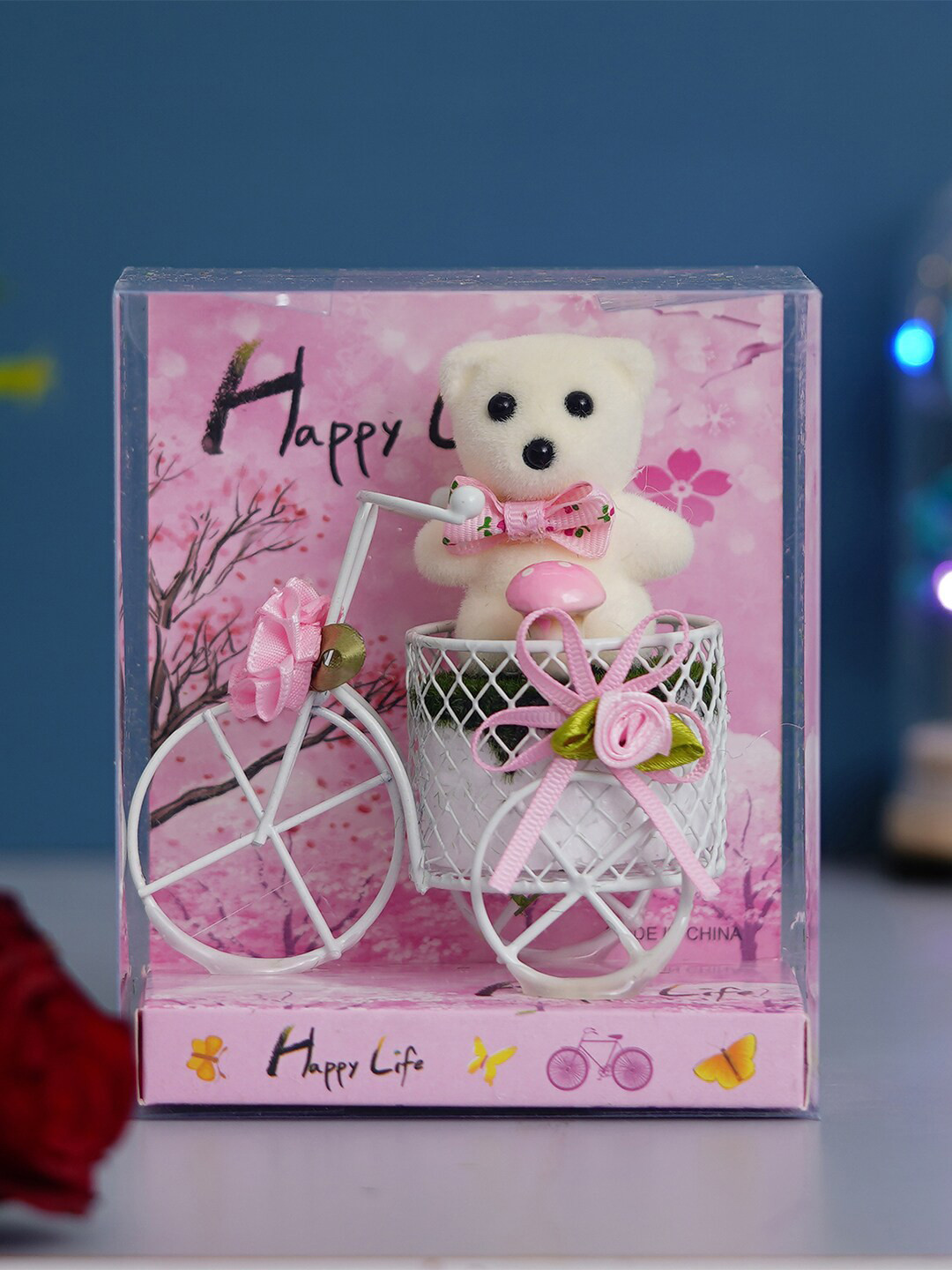 eCraftIndia Pink & White Cycle With Teddy Bear & Rose Petals Gift Box