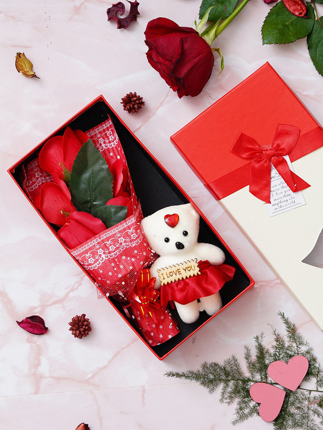 eCraftIndia Red Roses Bouquet and White & Red Teddy Valentine's Gift Box
