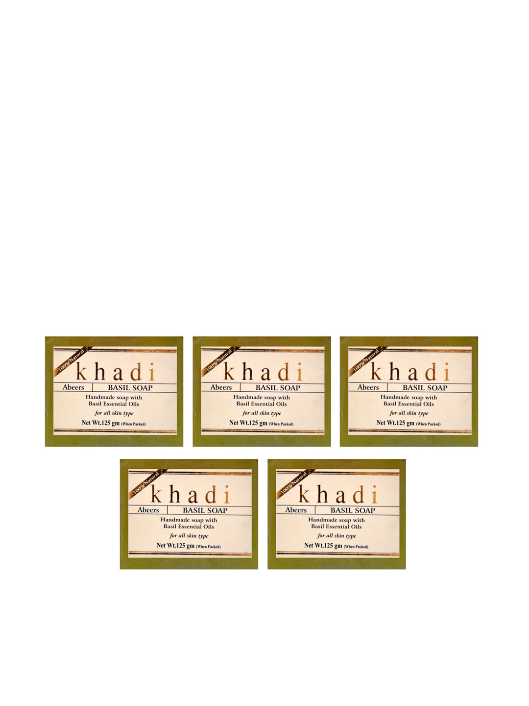 abeers Khadi Set of 5 Handmade Basil Soaps with Essential Oils - 125 g Each