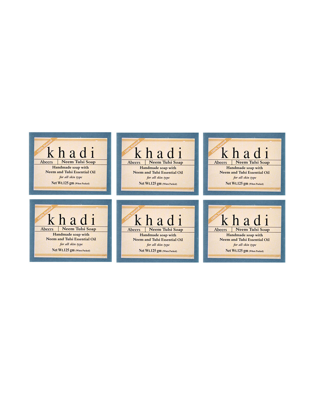 abeers Khadi Set of 6 Handmade Neem Tulsi Soaps with Essential Oils - 125 g Each