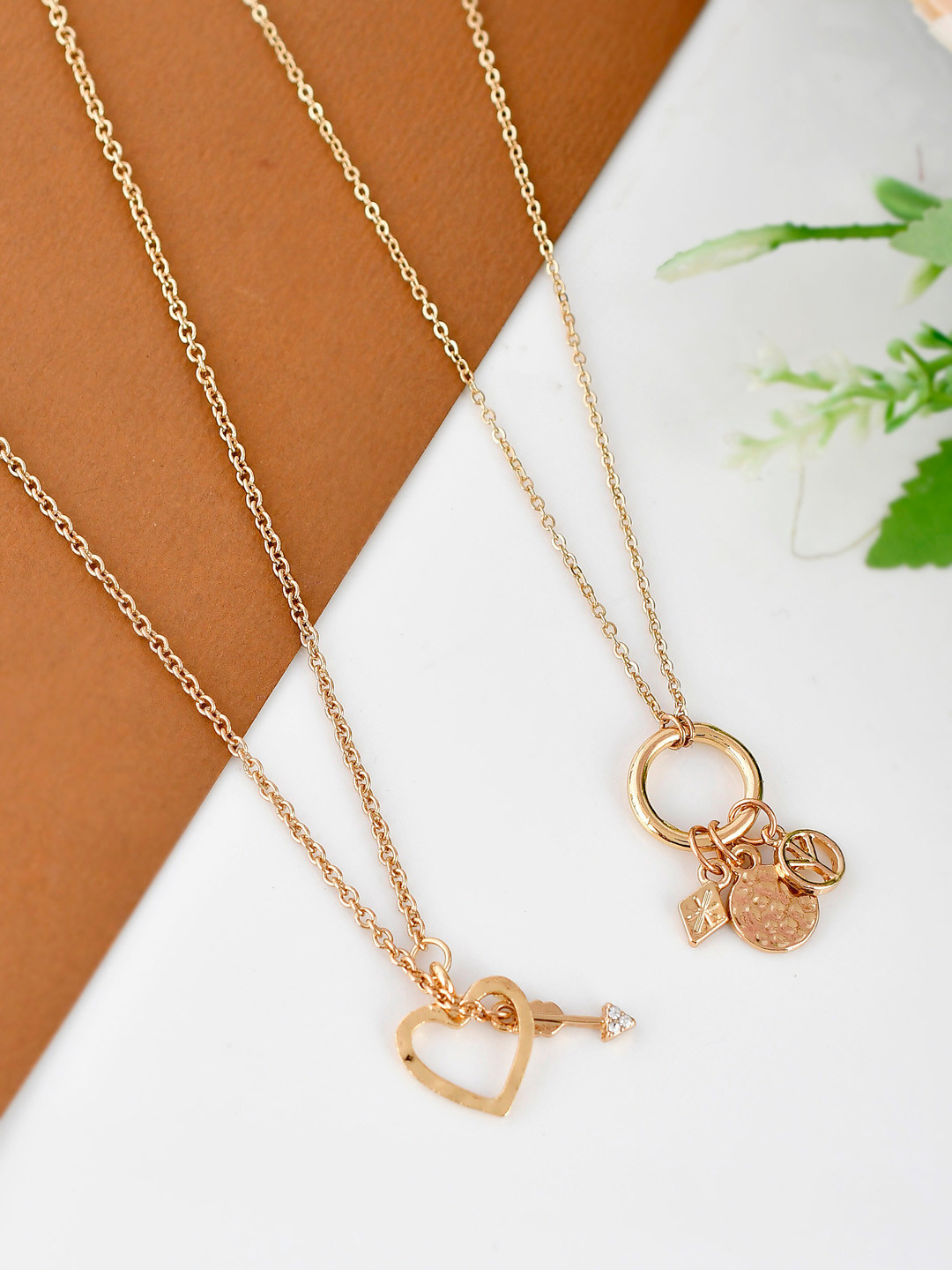 Shoshaa Set Of 2 Gold-Toned Combo Heart Shaped Pendants With Chains
