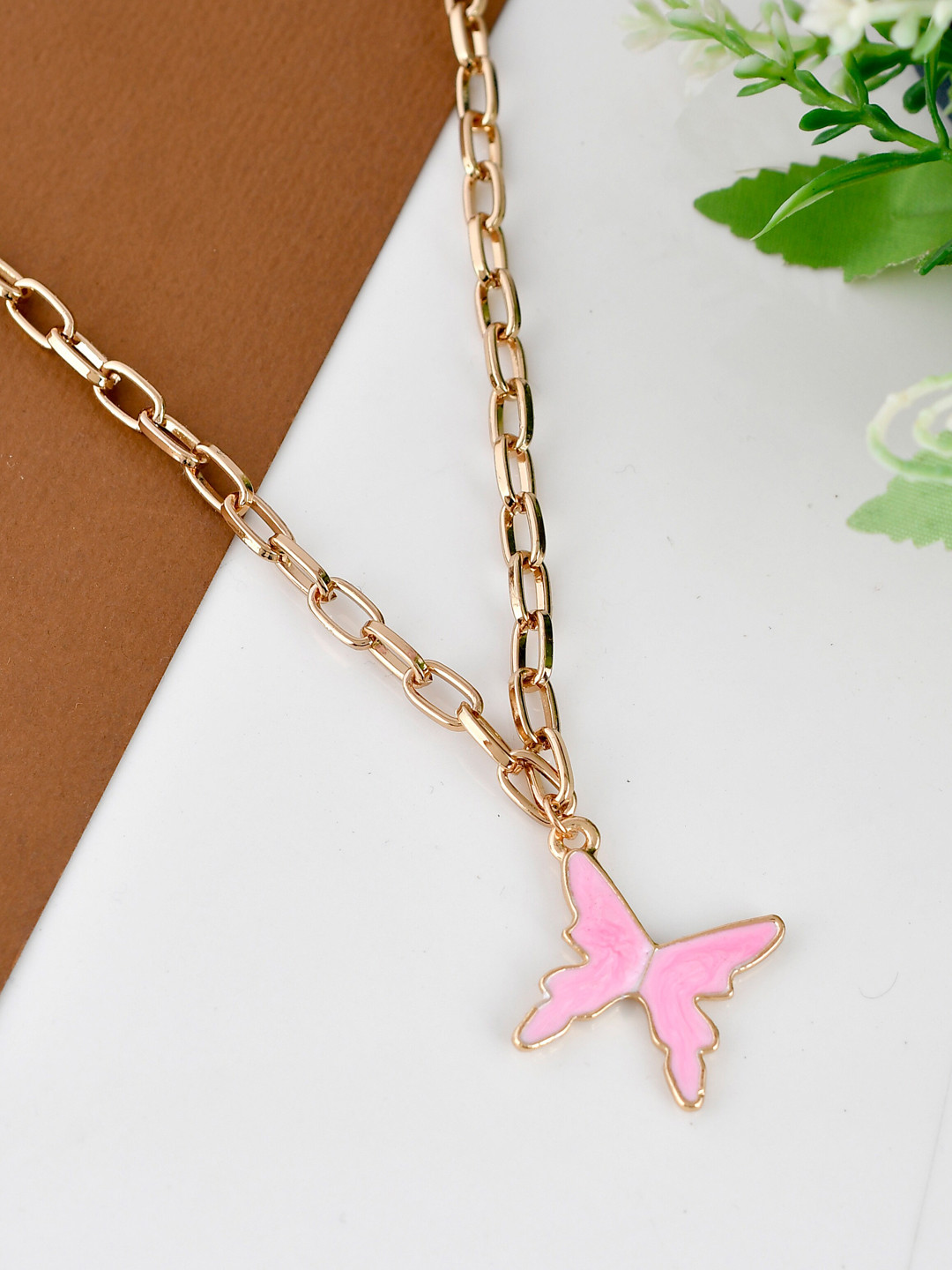 Shoshaa Women Gold-Plated Pink Enamelled Pendant With Chain