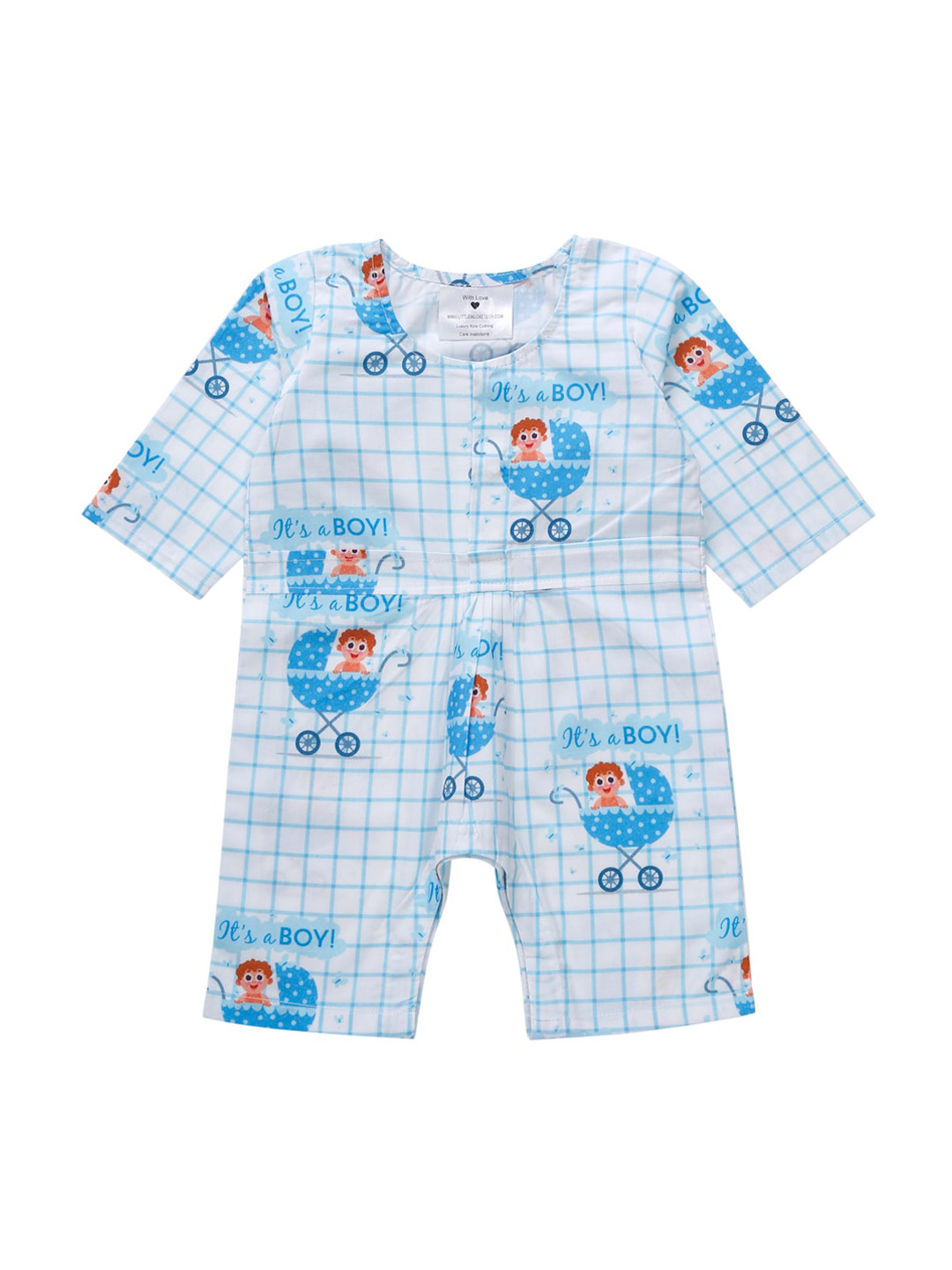 Little Musketeer Infant Boys White & Blue Cotton Printed Rompers