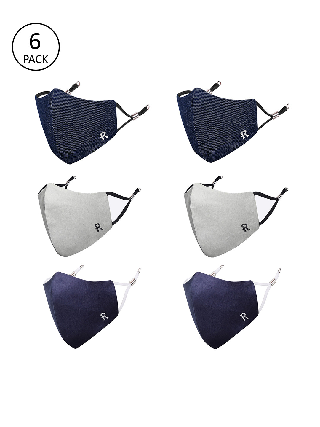 MASQ Pack Of 6 Navy Blue & Grey 4-Ply Pure Cotton Reusable Cloth Masks