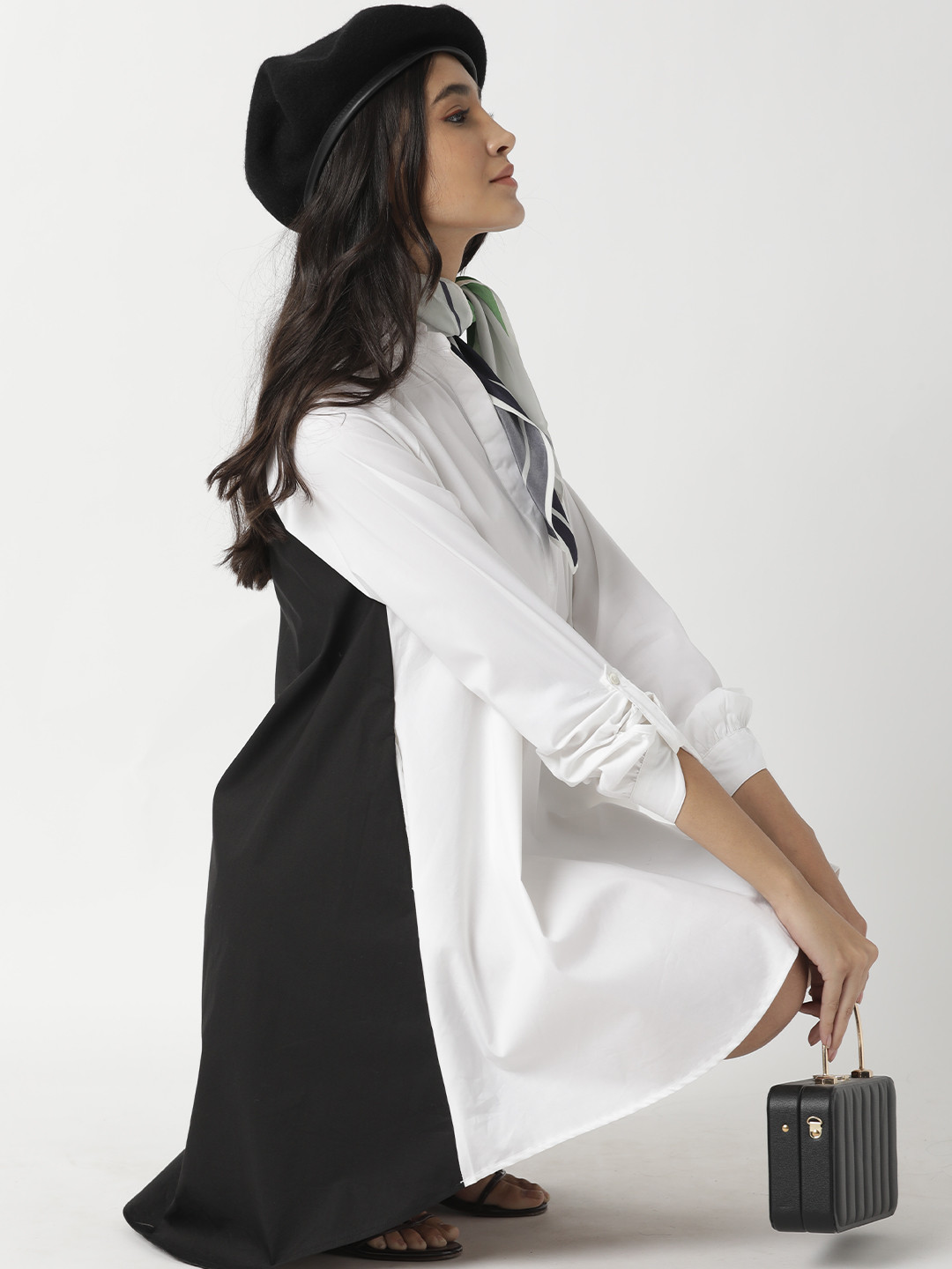 RAREISM Women White & Black Colourblocked Cotton Shirt Dress