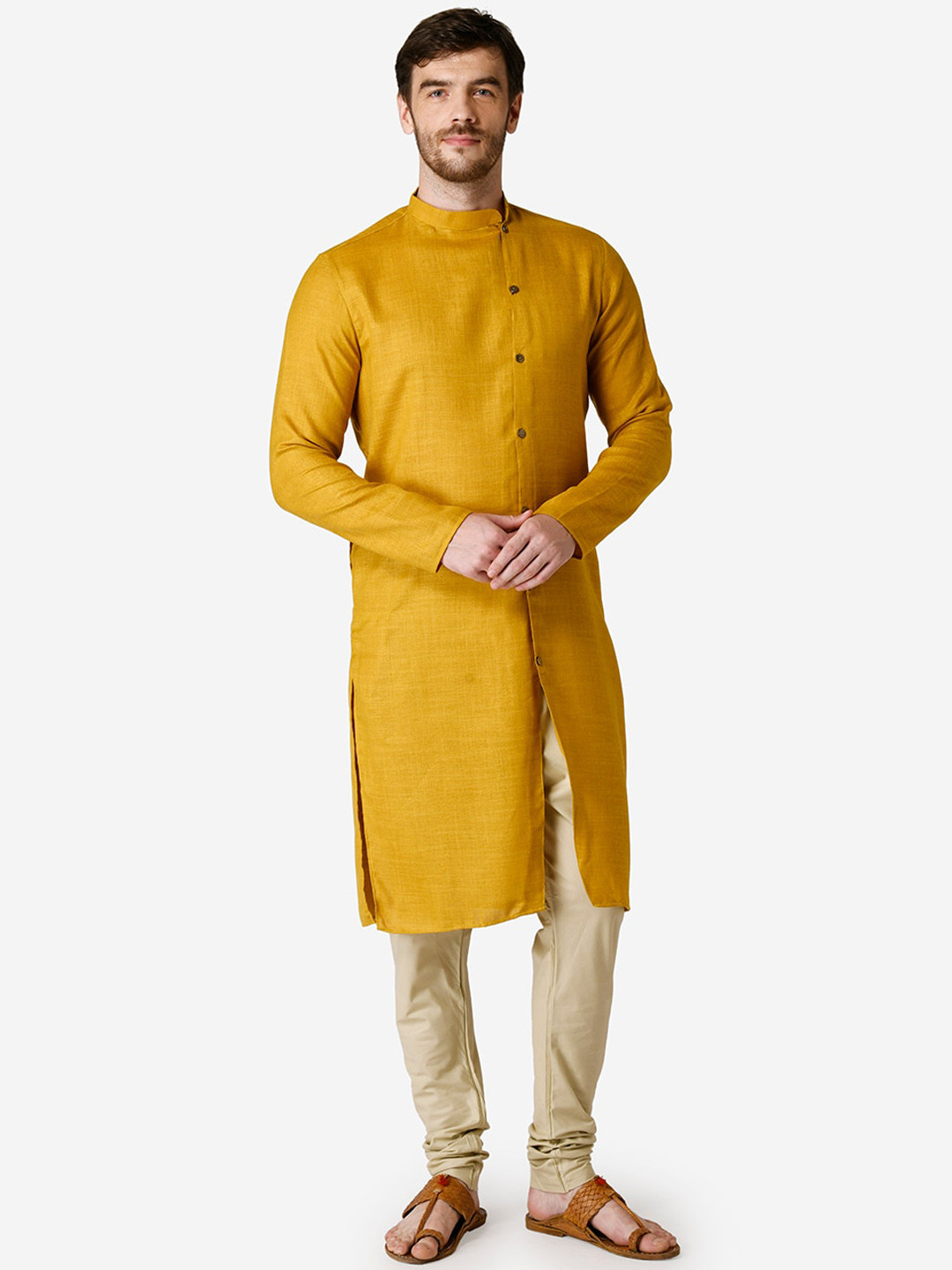 TABARD Men Mustard Yellow & Beige Solid Pure Cotton Kurta with Churidar