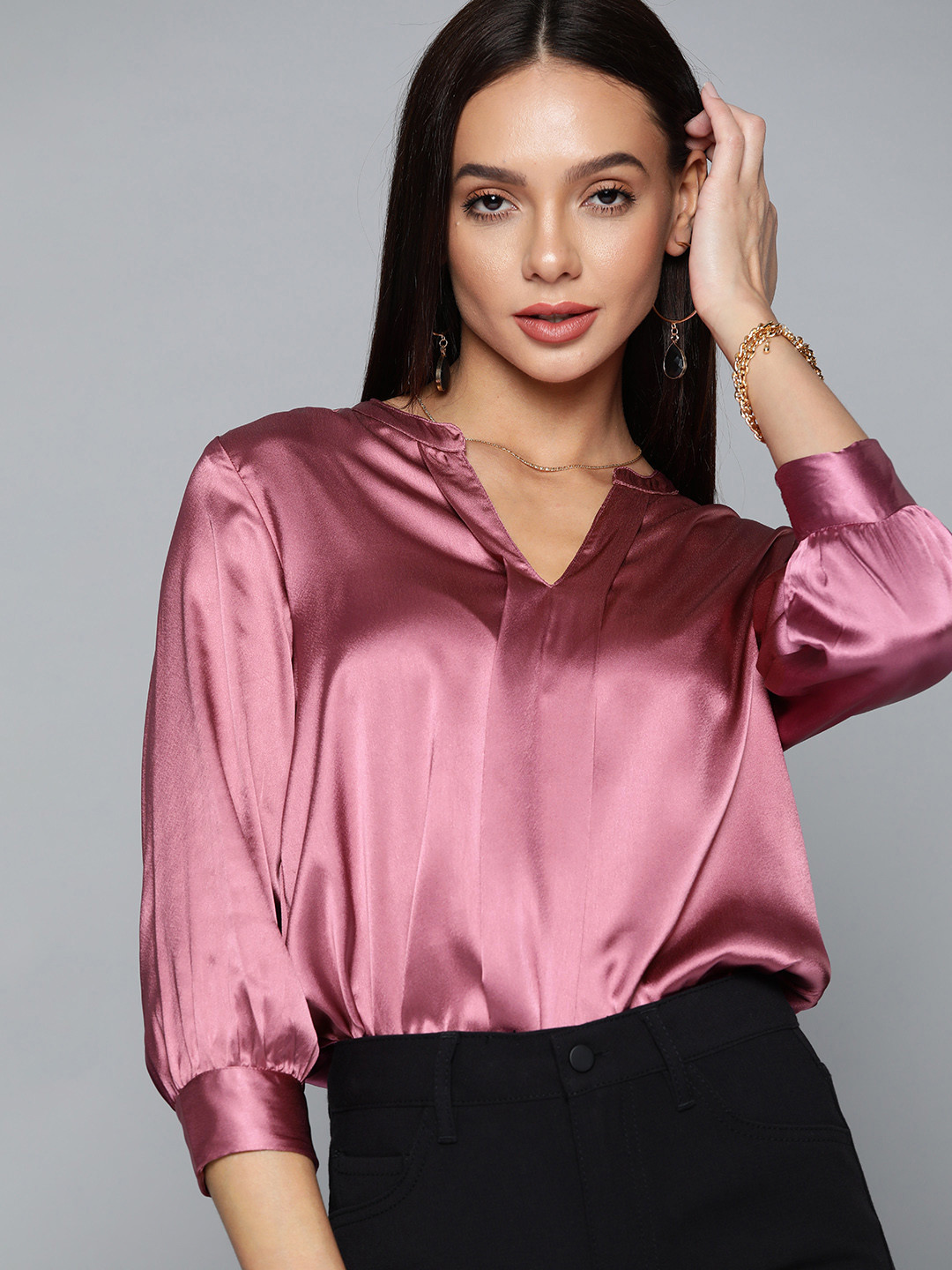 Chemistry Mauve Satin Mandarin Collar Top