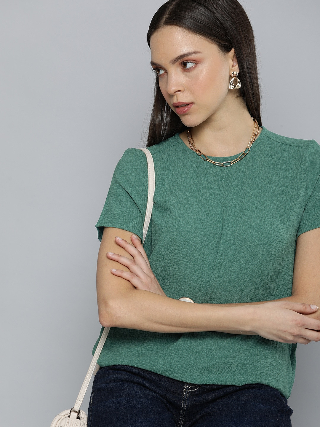 Chemistry Green Solid Round Neck Regular Top