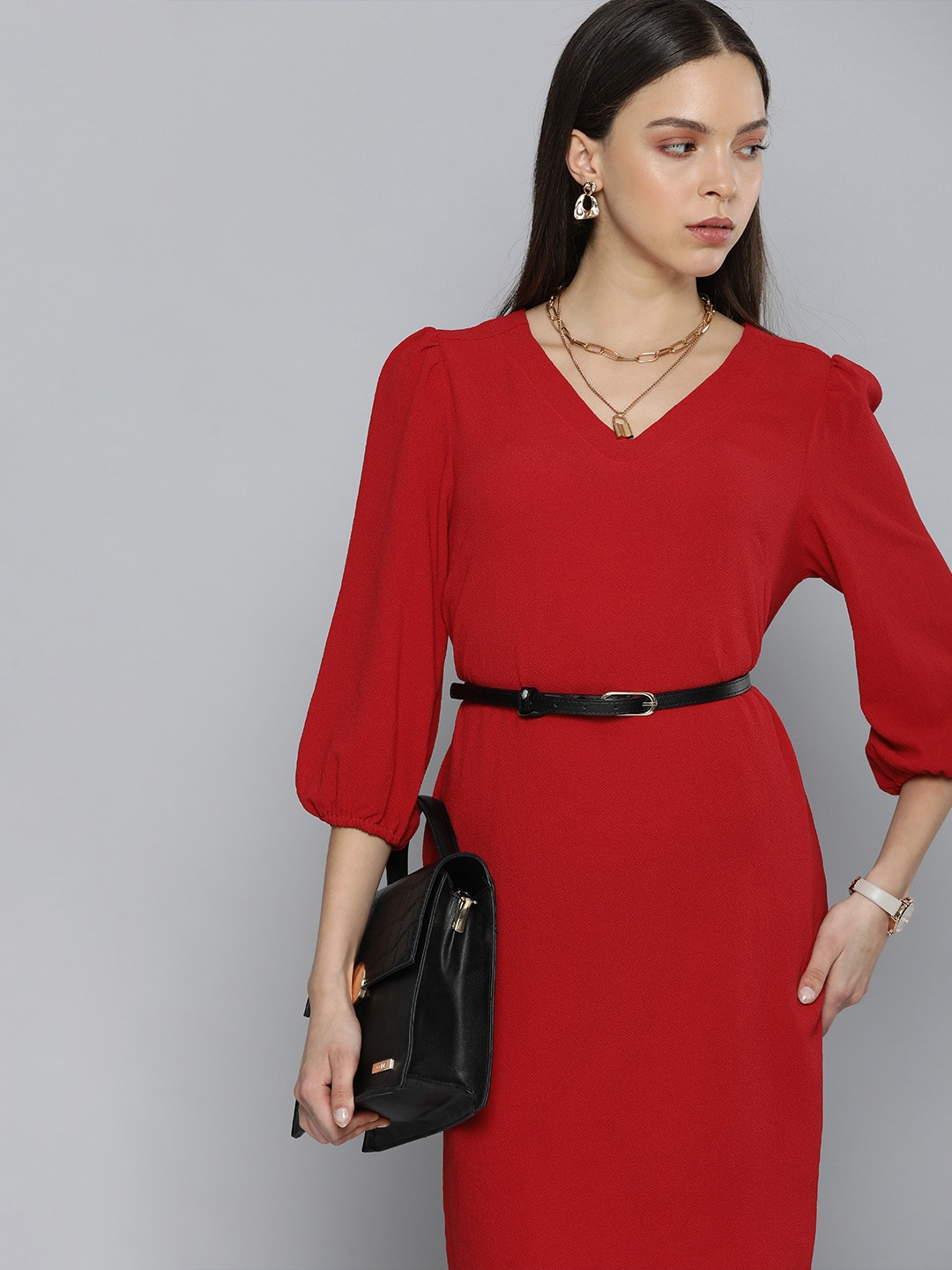Chemistry Red V-Neck A-Line Dress with Side Pocket