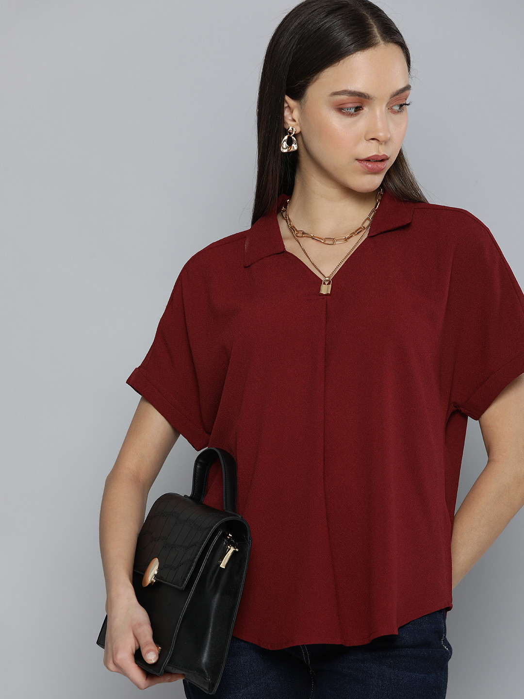 Chemistry Maroon Solid Shirt Collar Raglan Sleeves Gathered or Pleated Regular Top