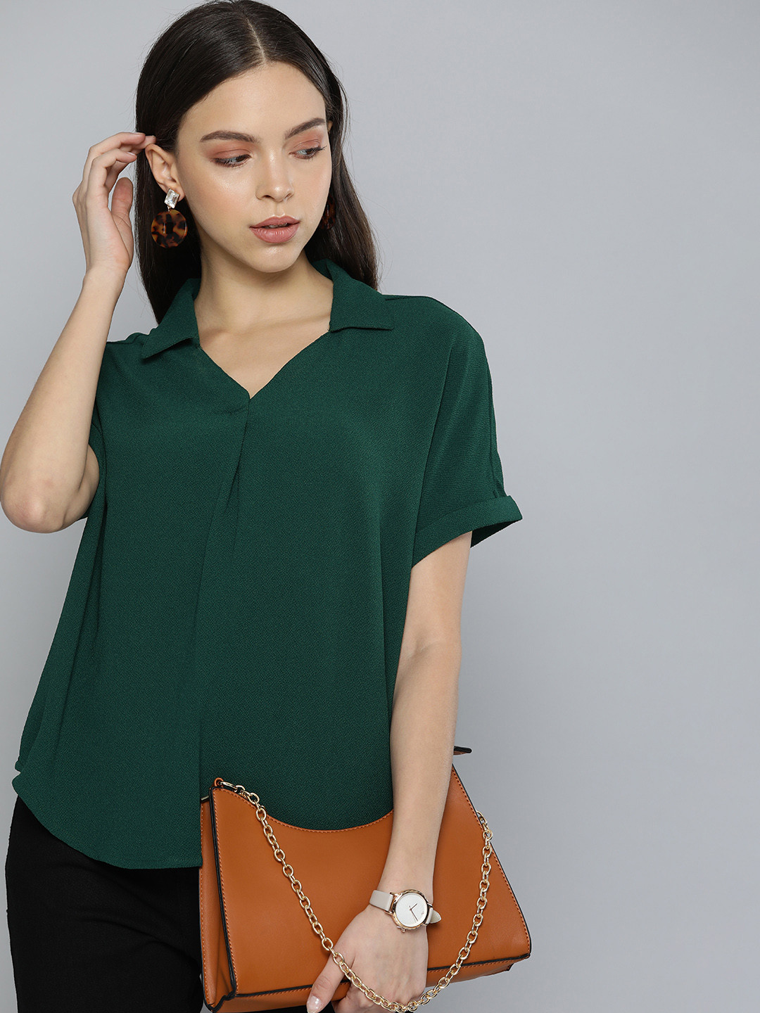 Chemistry Green Solid Shirt Collar With Extended Shoulders Boxy Fit Top