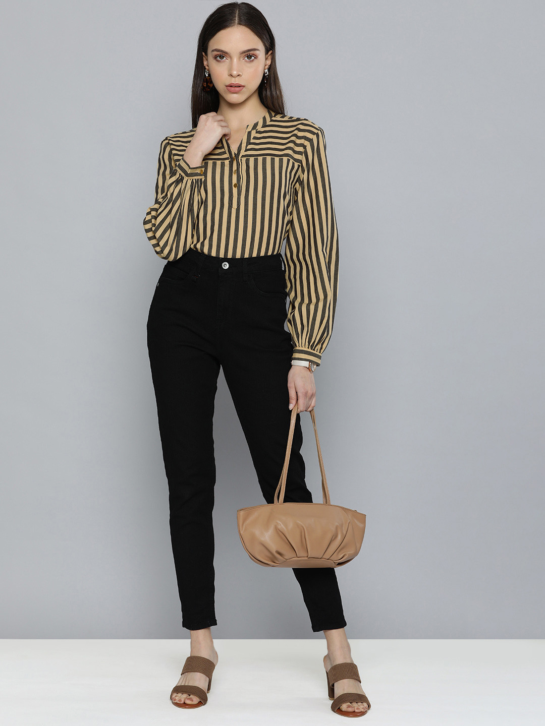 Chemistry Beige & Black Striped Mandarin Collar Pure Cotton Formal Top