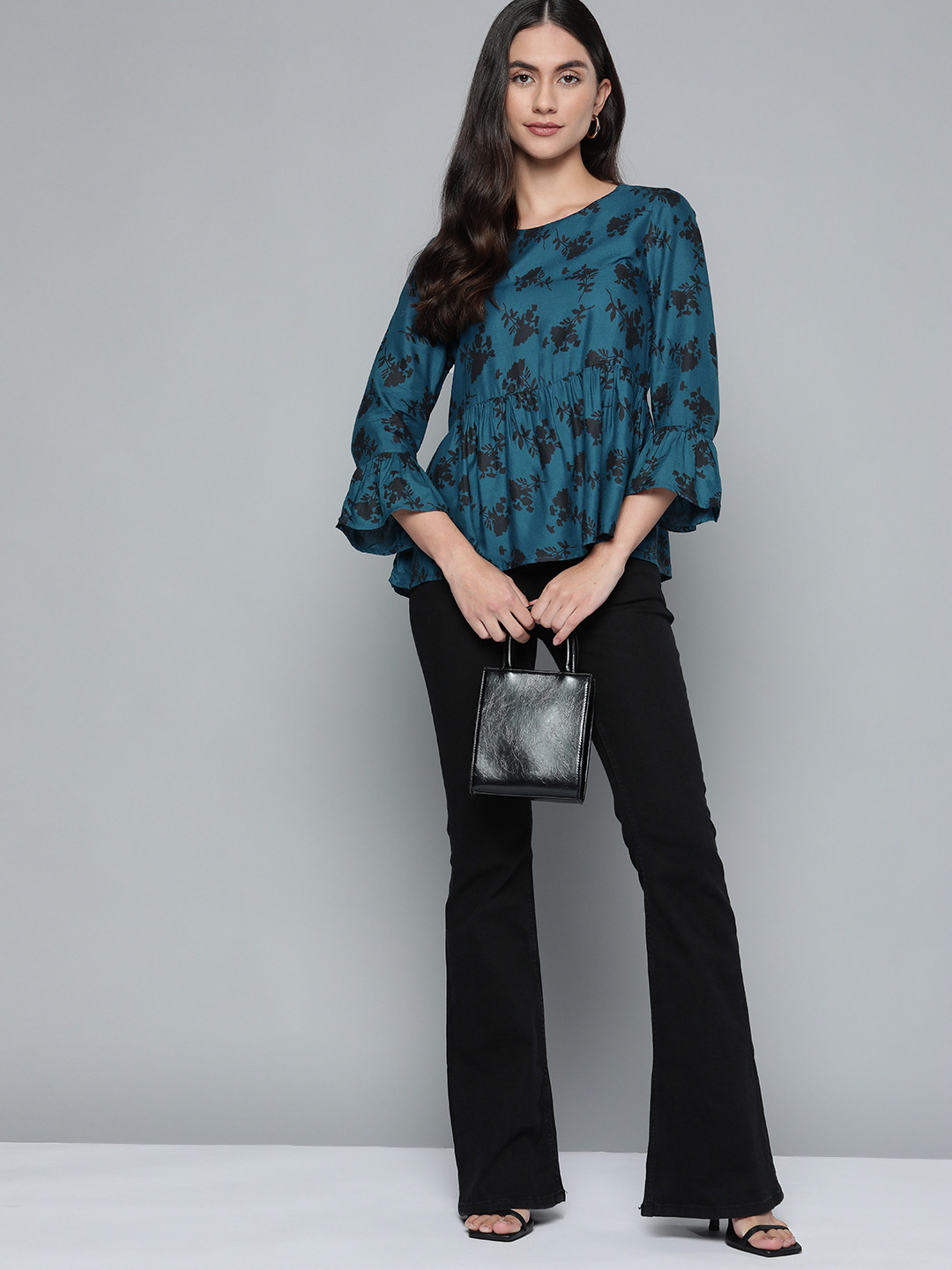 Chemistry Teal Blue & Black Floral Print Top
