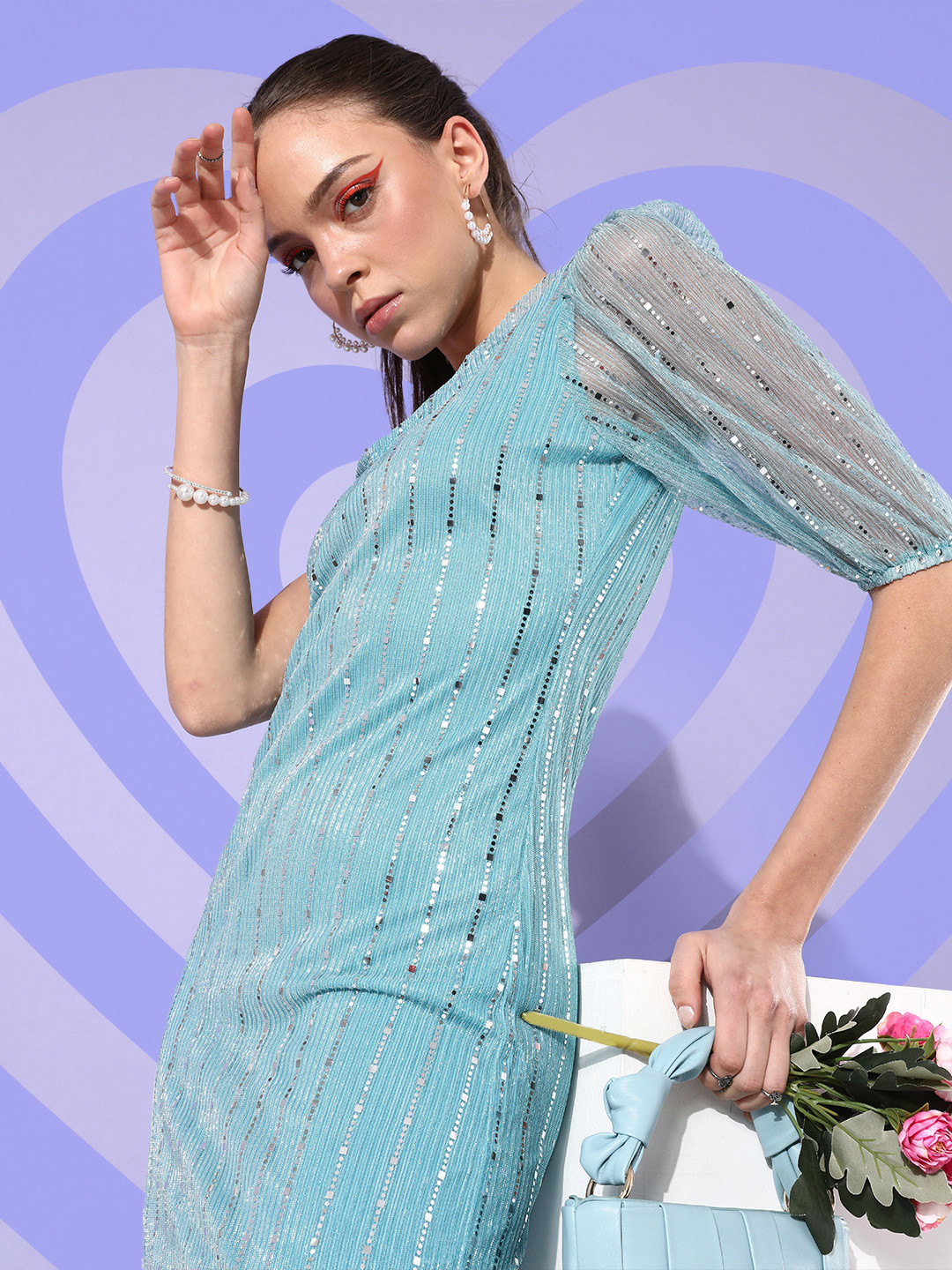 Sera Women Blue Self-Design Bling and Sparkly Dress