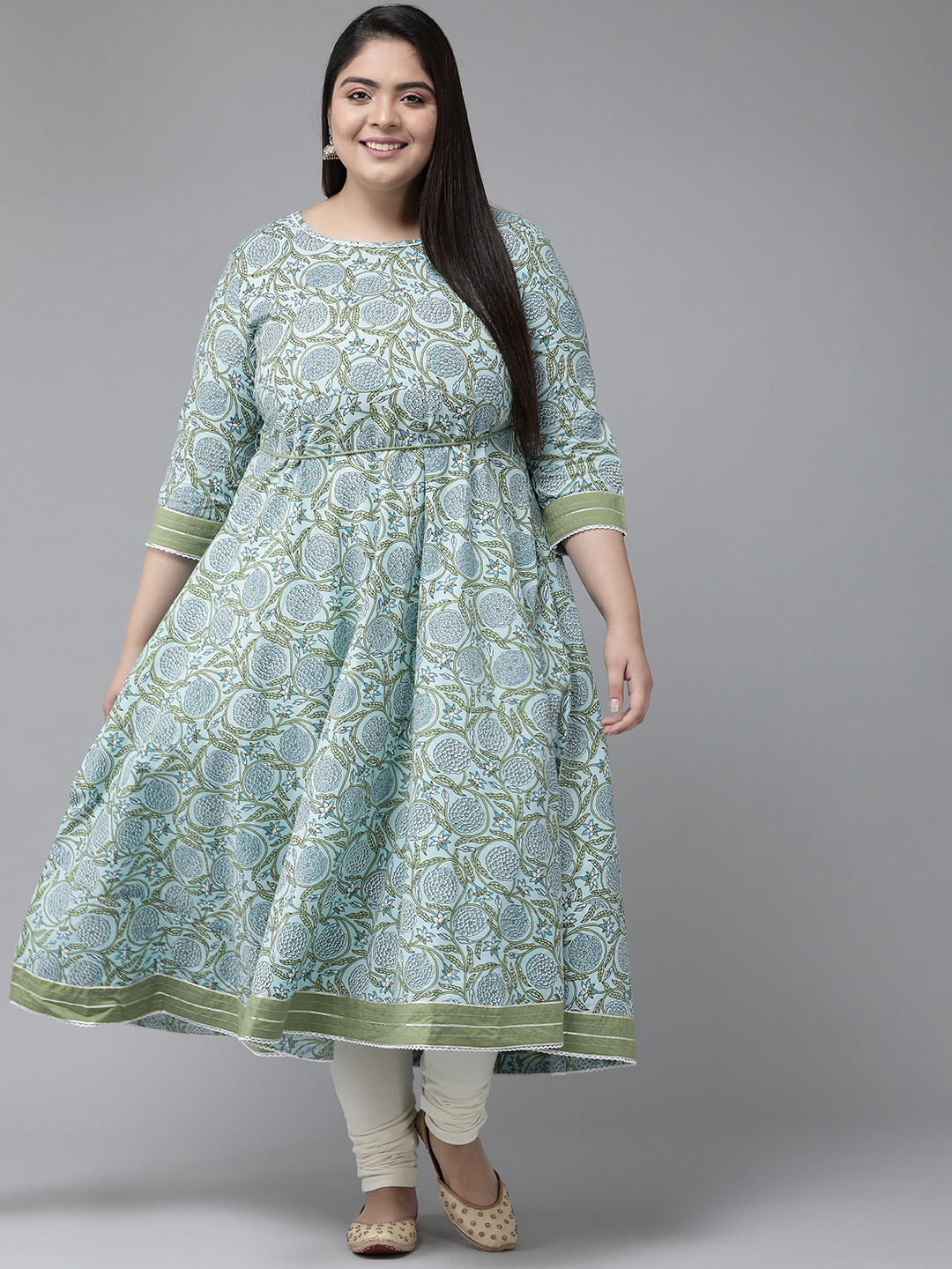 YASH GALLERY Women Turquoise Blue Floral Printed Floral Anarkali Kurta