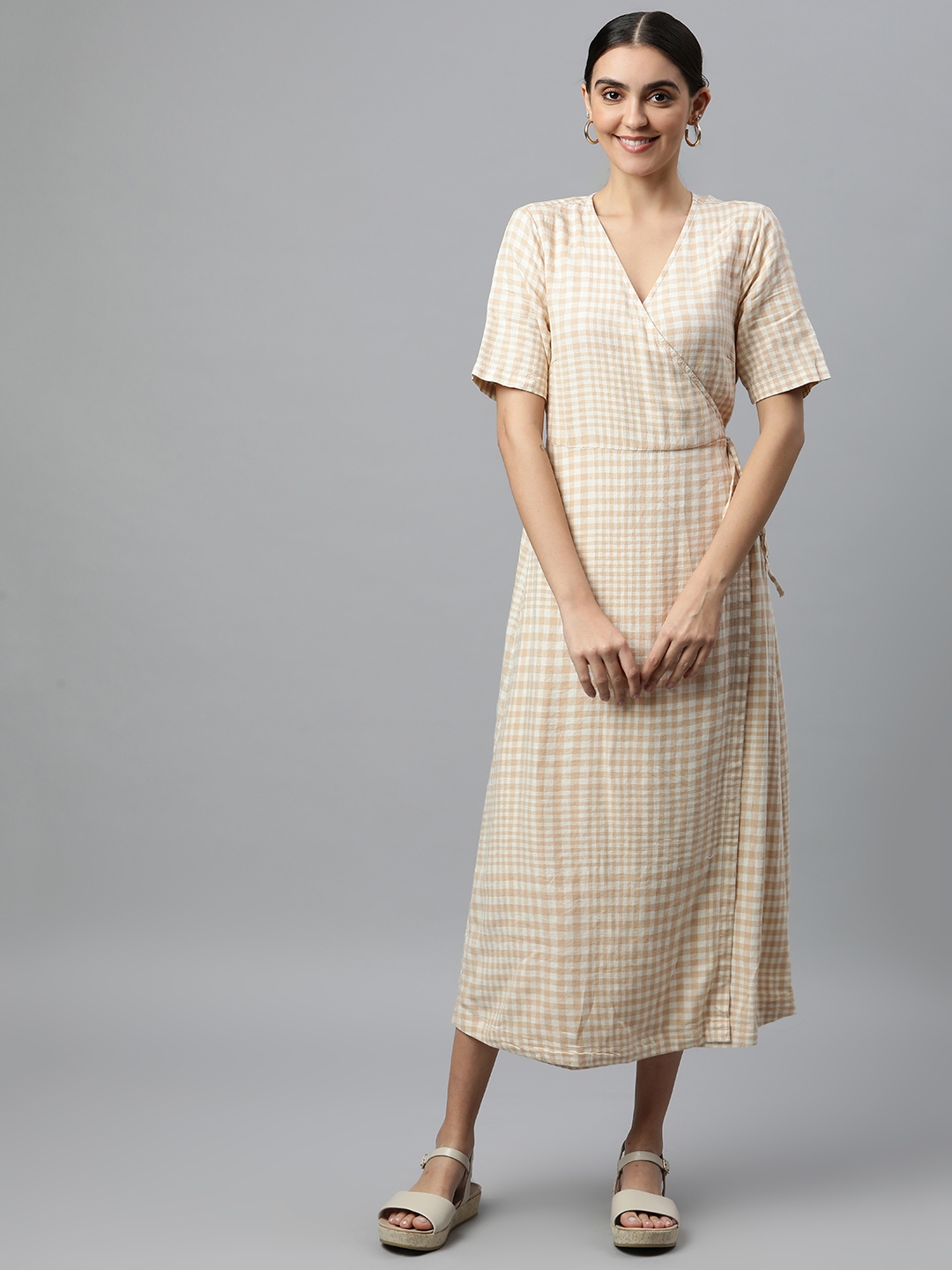 Marks & Spencer White & Beige Checked Linen Midi Dress