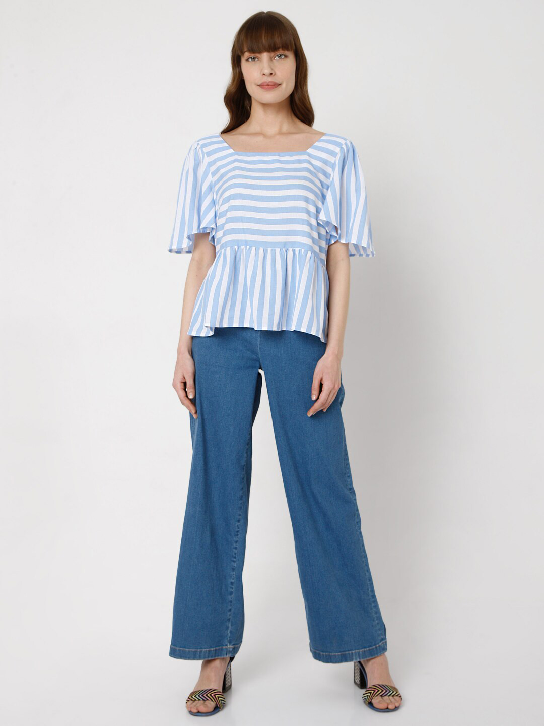 Vero Moda White & Blue Striped Tiered Top