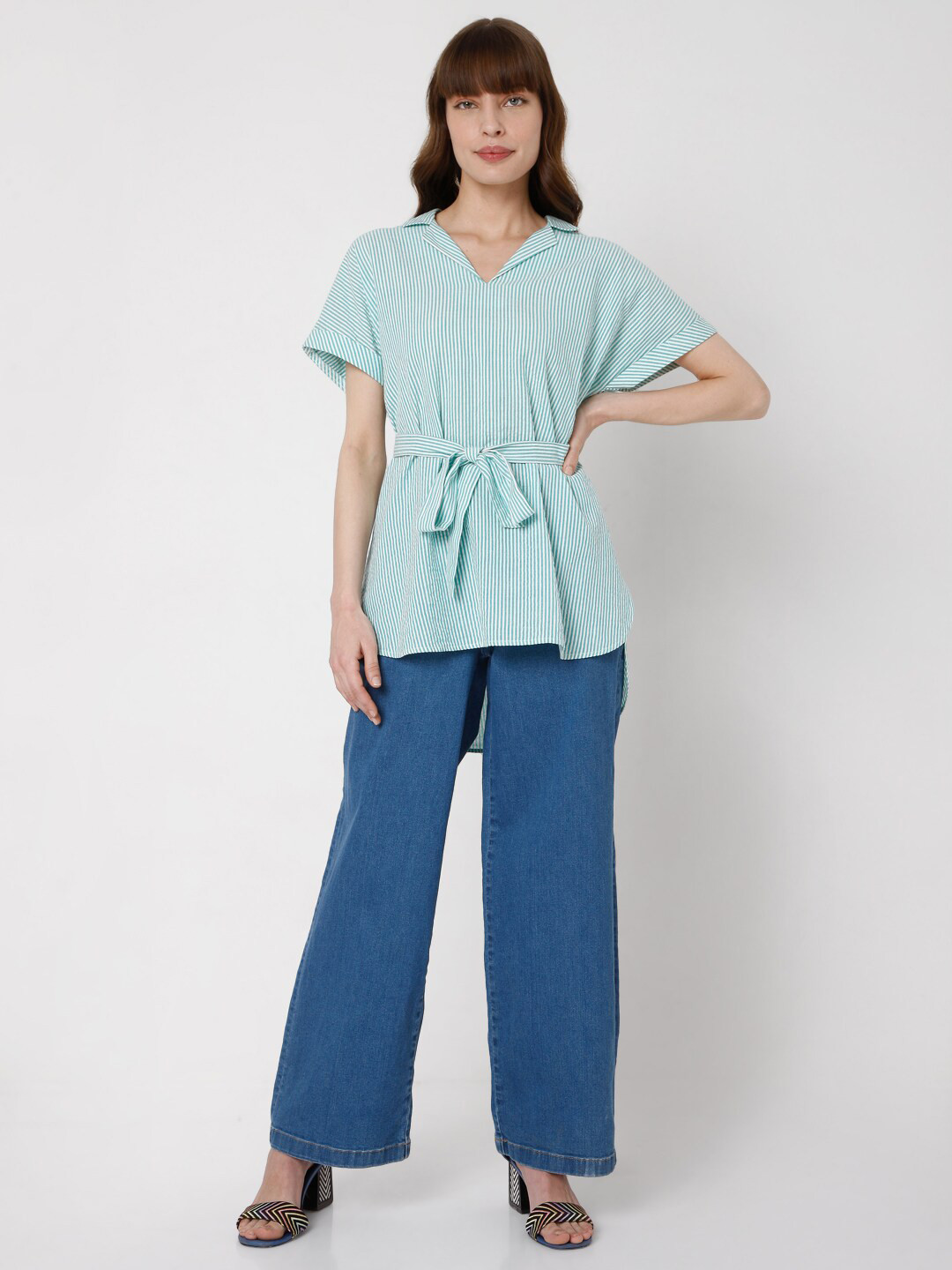 Vero Moda Women Green & White Striped Top