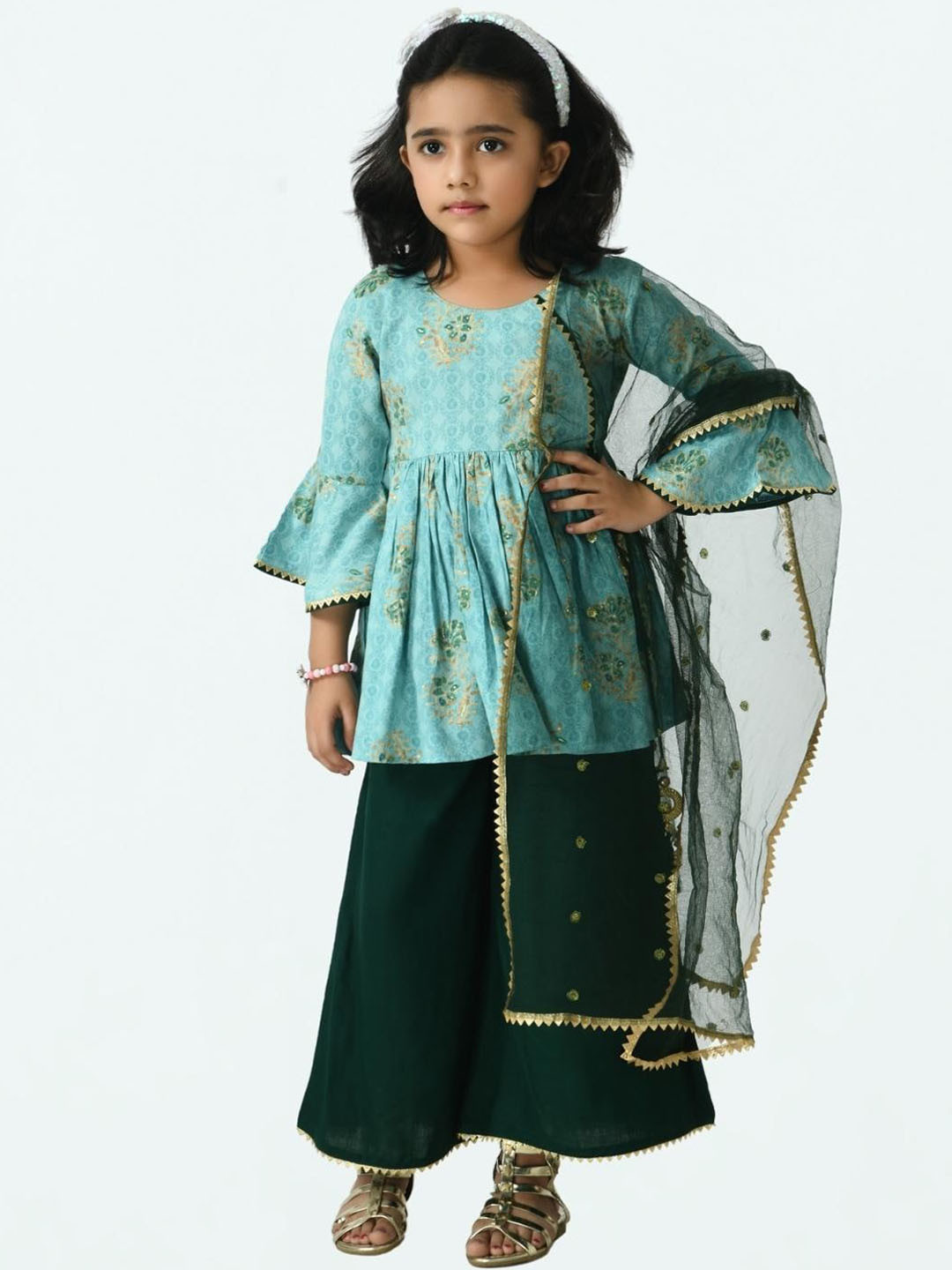 Muffin Shuffin Girls Blue & Green Ethnic Motifs Printed Tiered Kurti Set