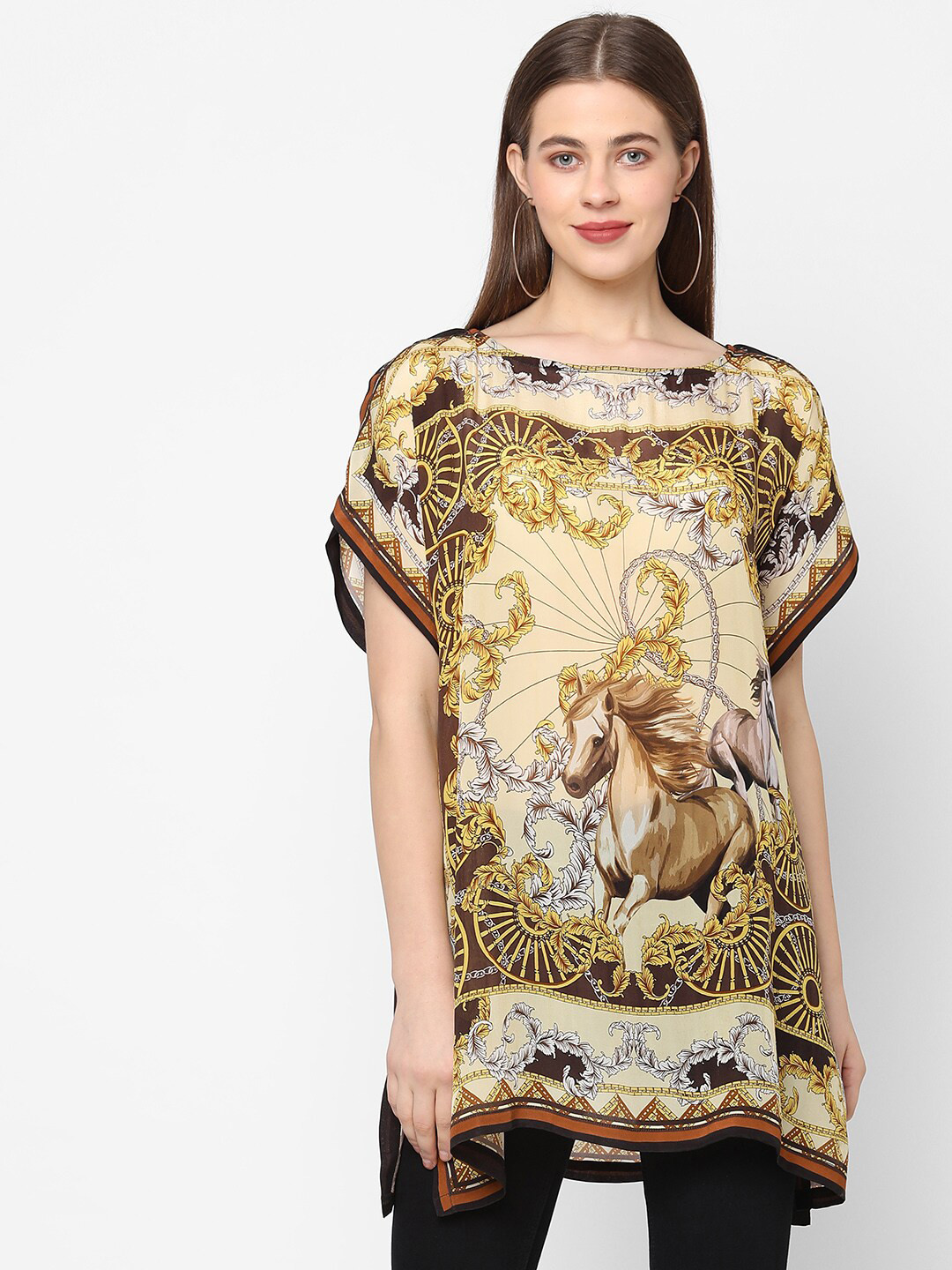 Cloth Haus India Beige Print Extended Sleeves Chiffon Top