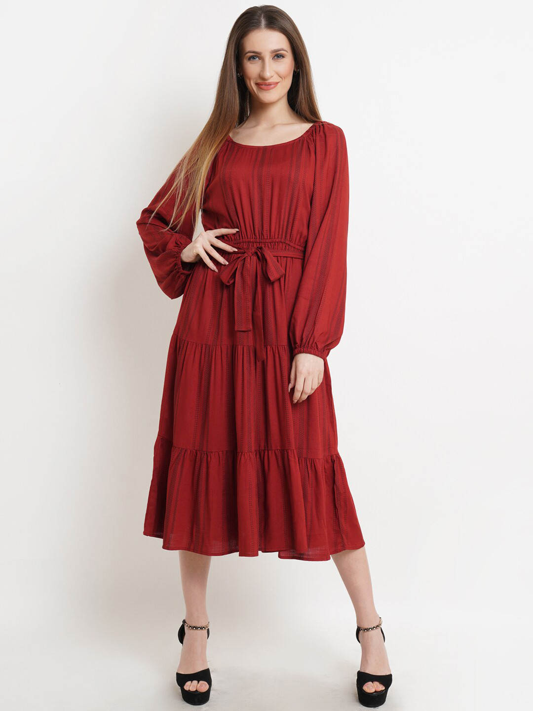 Purple State Maroon & Black Striped Midi Dress