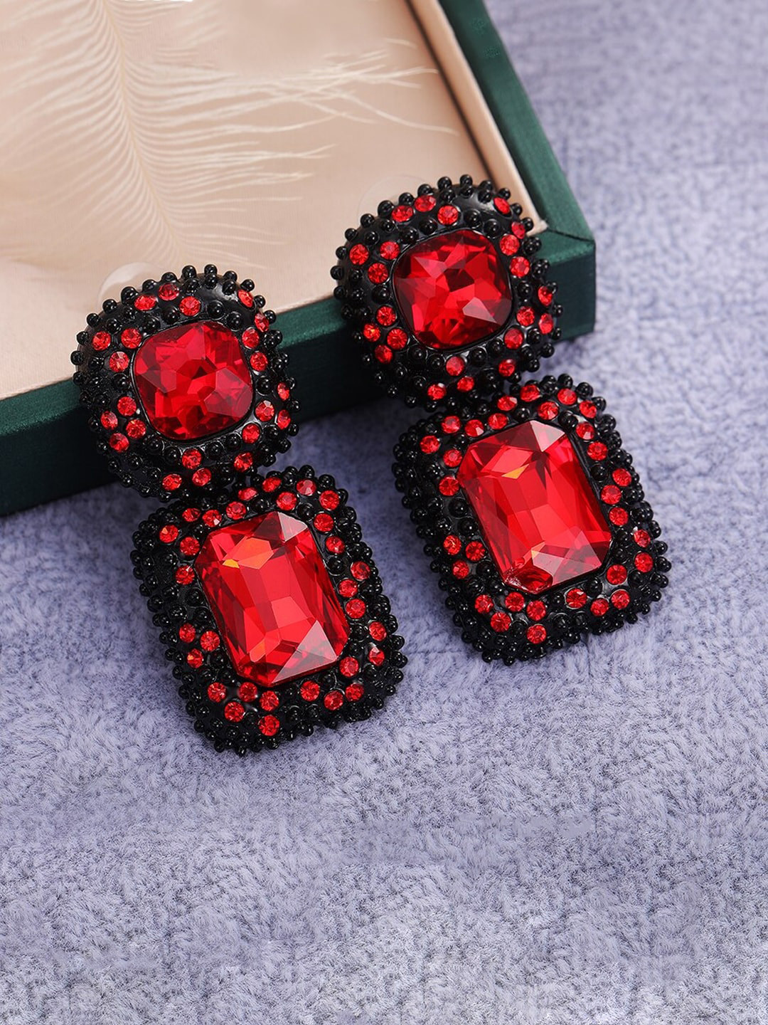 Yellow Chimes Red & Black Geometric Drop Earrings