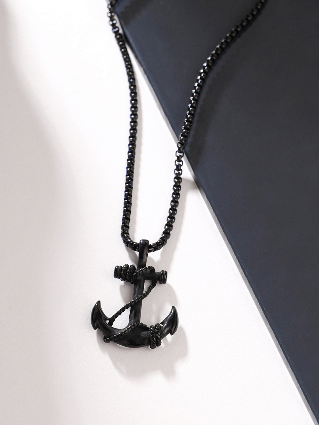 Yellow Chimes Men Rhodium-Plated Black Stainless Steel Sailor Anchor Pendant With Chain