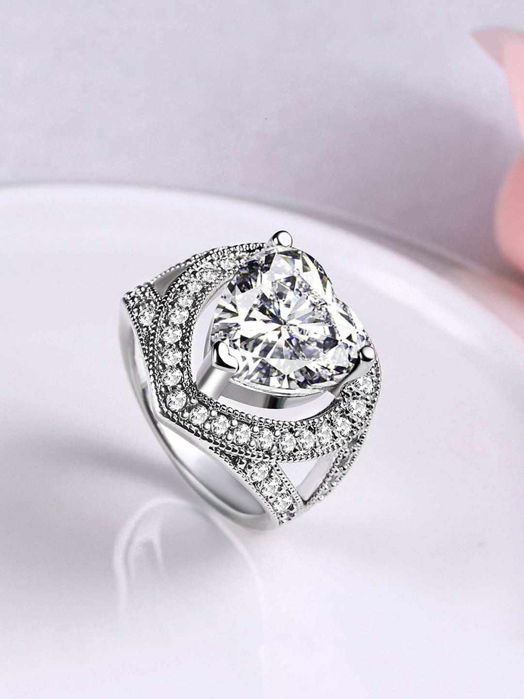 Yellow Chimes Platinum-Plated Silver-Toned & White Crystal-Studded Finger Ring