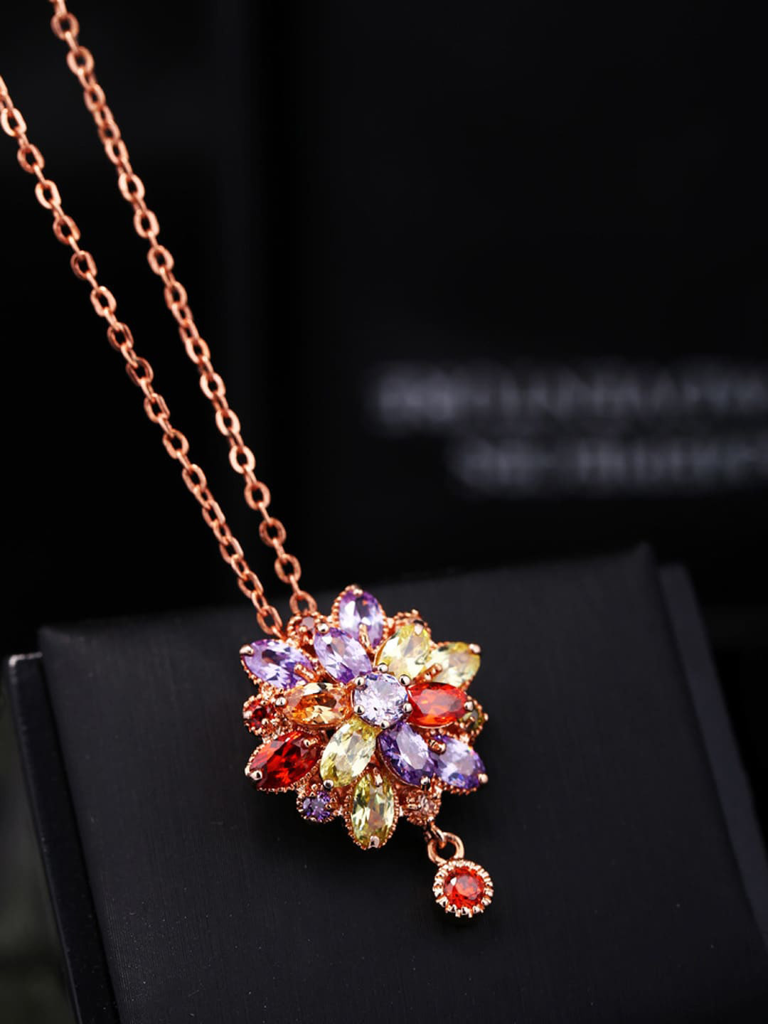 Yellow Chimes Rose Gold-Toned Purple & Red CZ-Studded Pendant With Chain