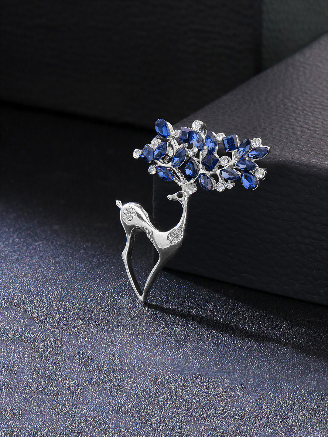 Yellow Chimes Silver-Plated & Blue Crystal Studded Deer Brooch